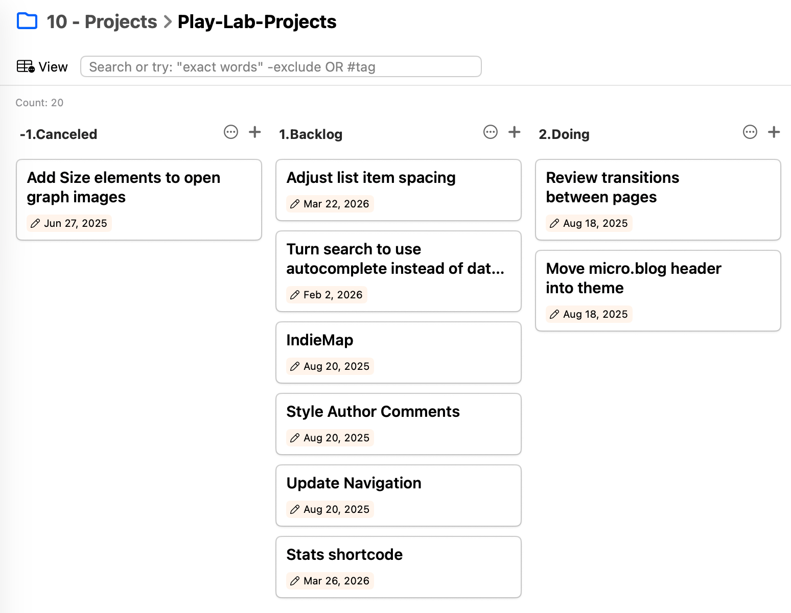Kanban board with several projects in various states.