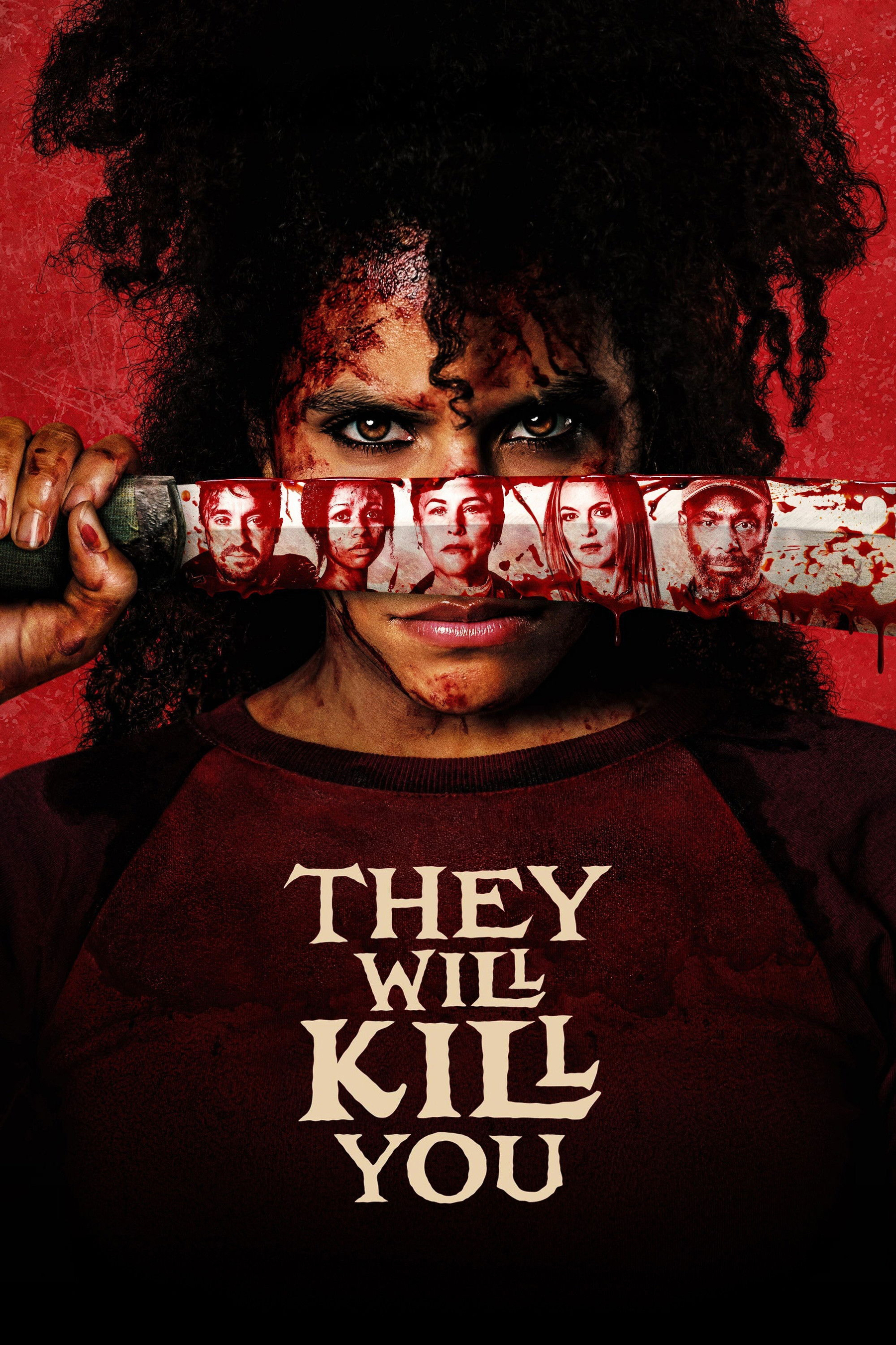A woman holding a blade covered in blood and reflections of people
