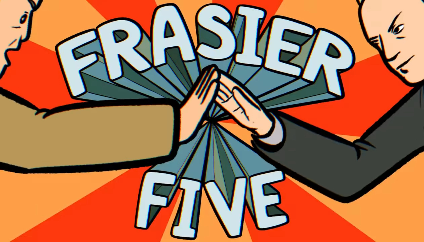 Animation frame. Two hands clapping in a star field, text states "Frasier Five"