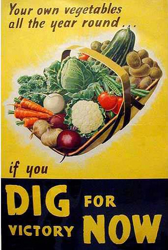 World War 2 era poster showing a basket of vegetables. Text says: Your own vegetables all the year round if you DIG FOR VICTORY NOW