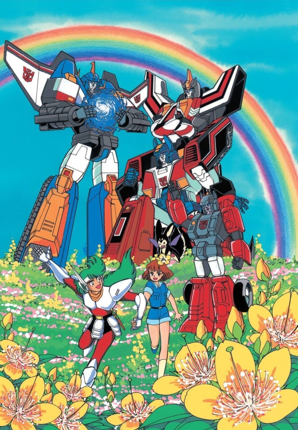 Two robot-like transformers and two humans play in a field full of flowers, framed by a rainbow. Artwork associated with the Transformers Victory television show(1989).