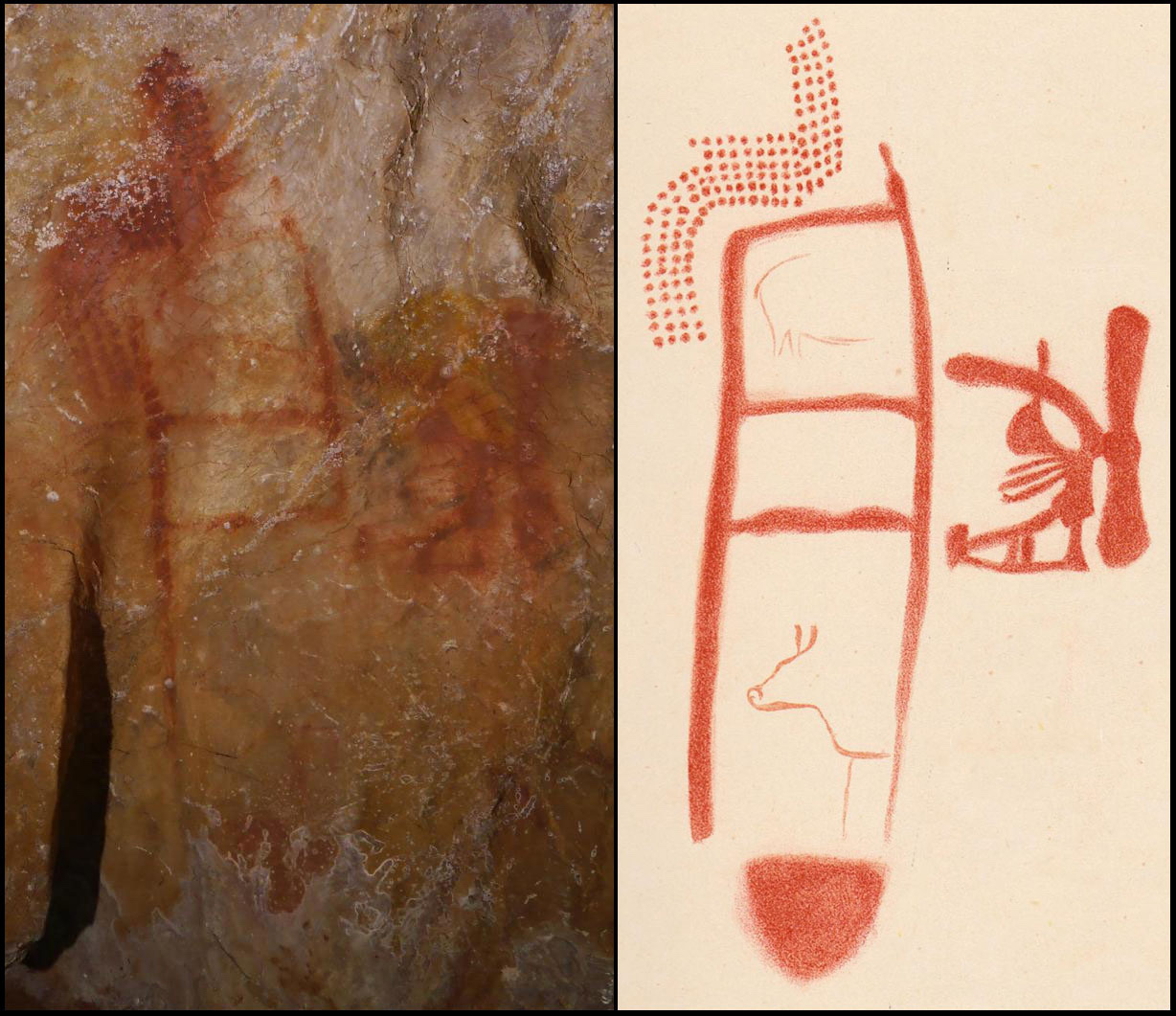 An example of Neanderthal cave art. The image on the left shows a ladder-shaped painting that was made by Neanderthals at least 64,000 years ago in Spain’s La Pasiega Cave. On the right, a drawing made by an archaeologist in 1913 shows animals and other symbols that are difficult to see on the cave wall. These may have been added to the original painting later, possibly by modern humans. This suggests Neanderthal art may have been symbolic and abstract. The addition of animal images is more reflective of the literalist depictions common in early Homo sapient art.  