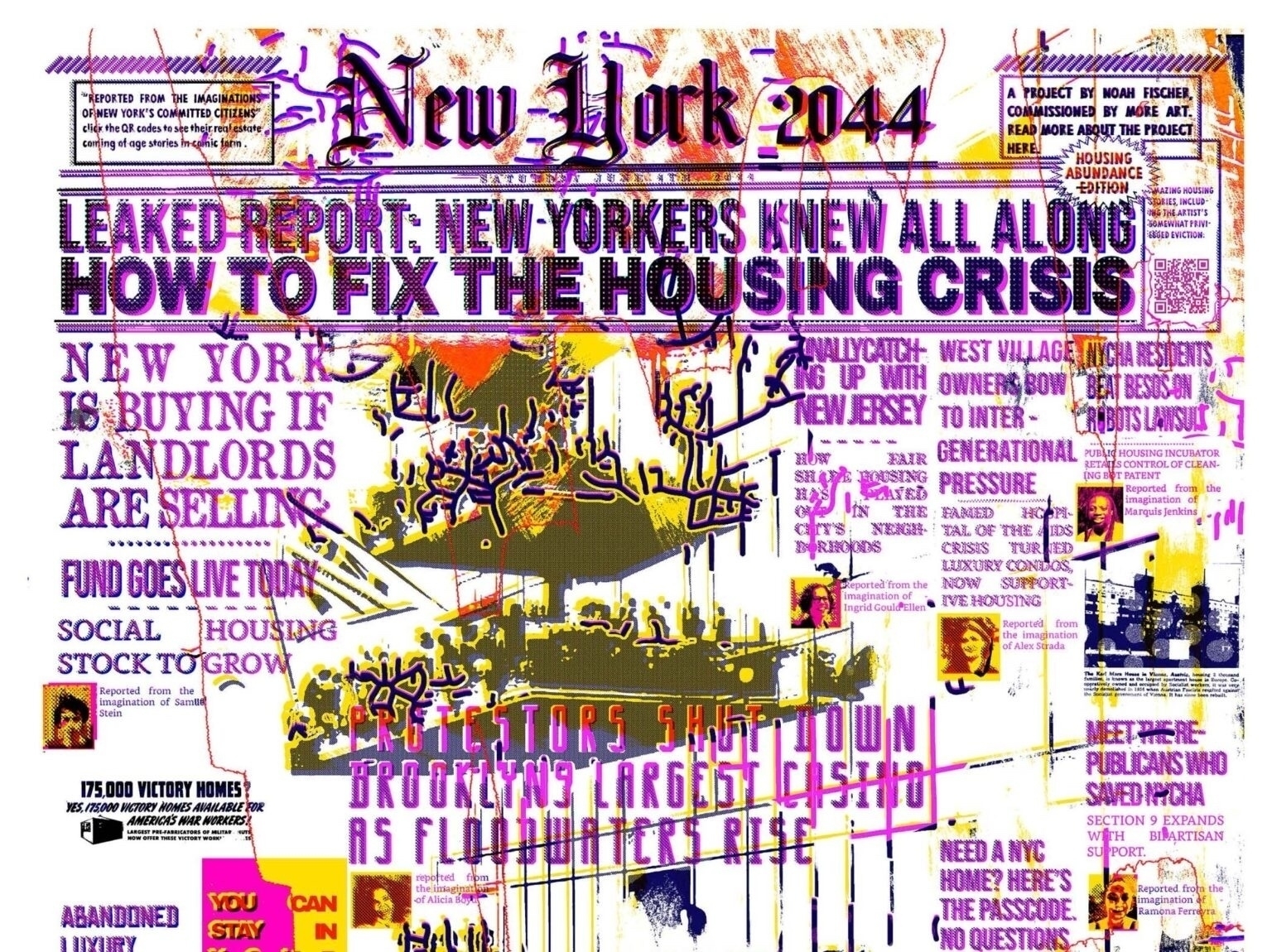 Cover of New York 2044, a busy-looking zine/newspaper with headlines about New York housing 