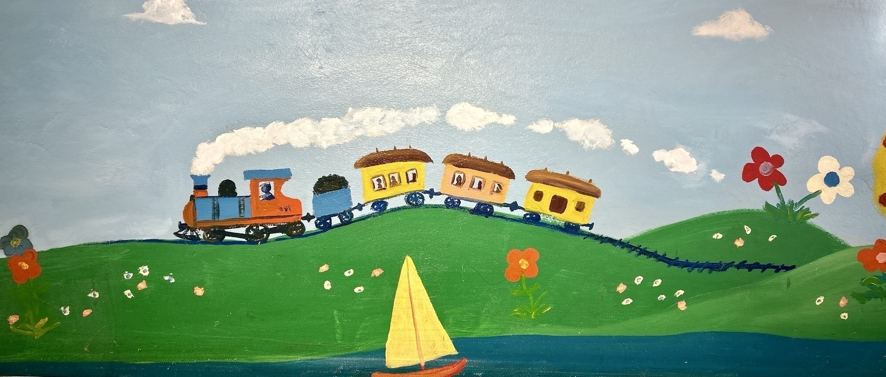 A colourful, happy painting depicting a train, a sailboat and countryside 