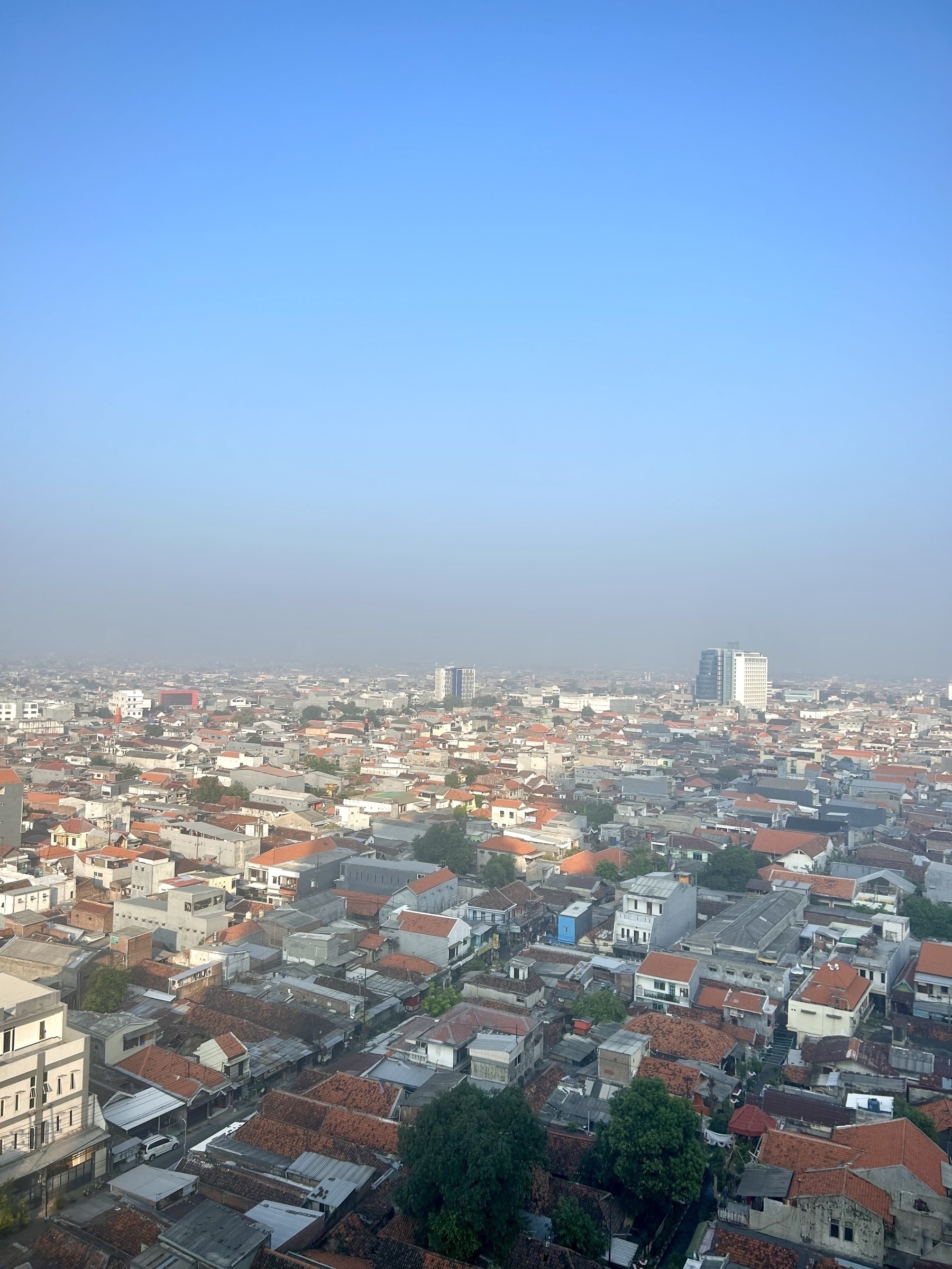 A photo of a sprawling city skyline with smog haze and blue skies. 