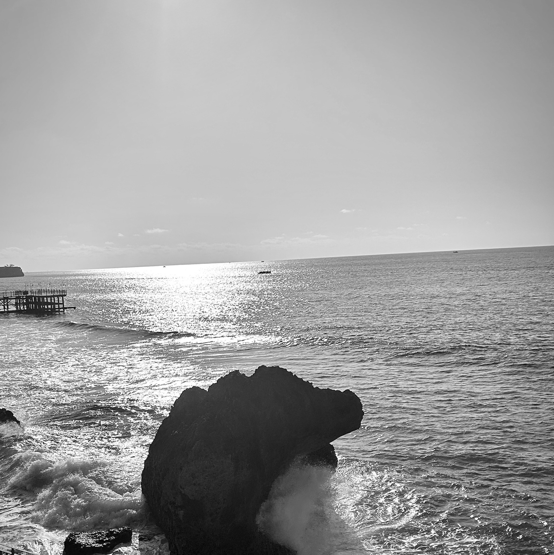 A black and white image of the ocean with waves braking on a rock. 