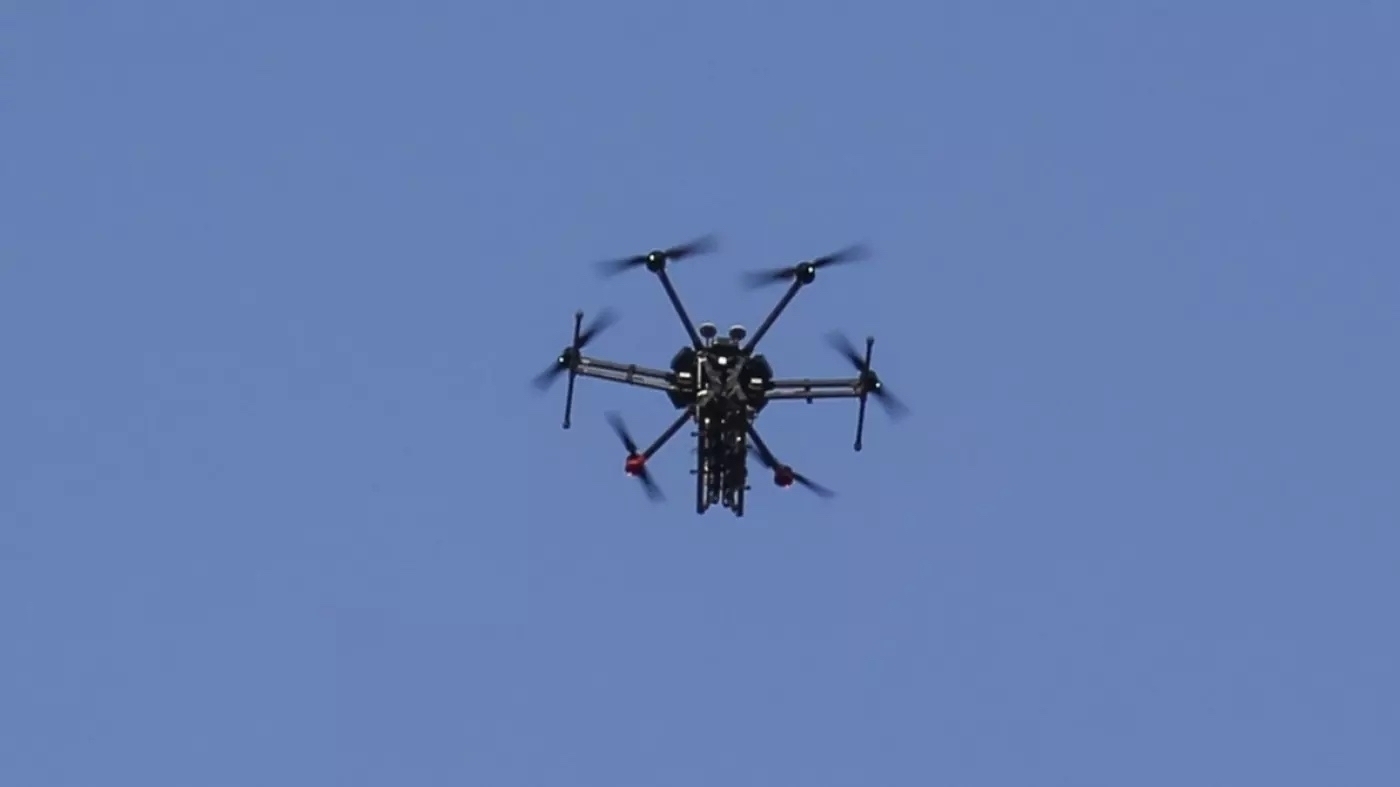 An Israeli flying drone with six copters. This image was originally taken in Gaza in 2018. 