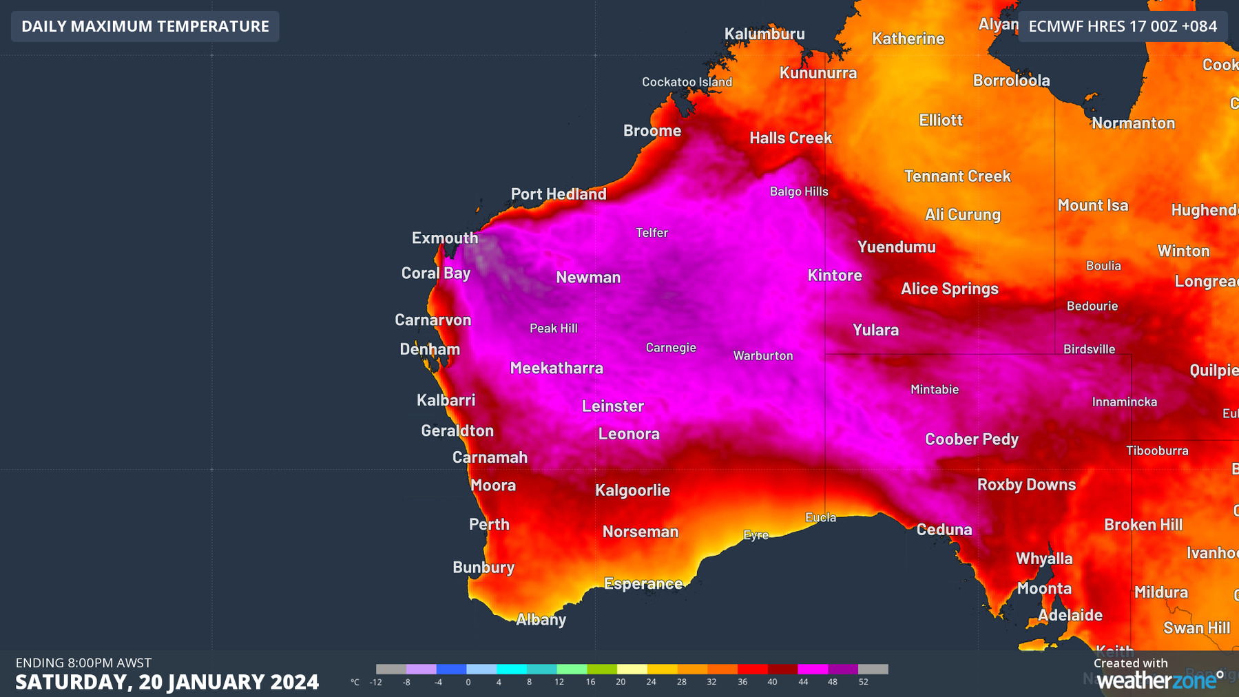 A weather map showing large regions across Western Australia will be above 50 Celsius. 