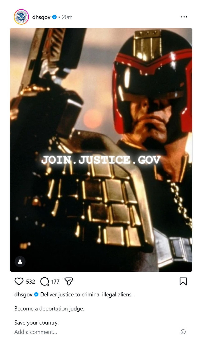 Judge Dredd, a person in a futuristic armored outfit, is featured alongside the text JOIN. JUSTICE. GOV in a promotional image from the U.S. DHS. 