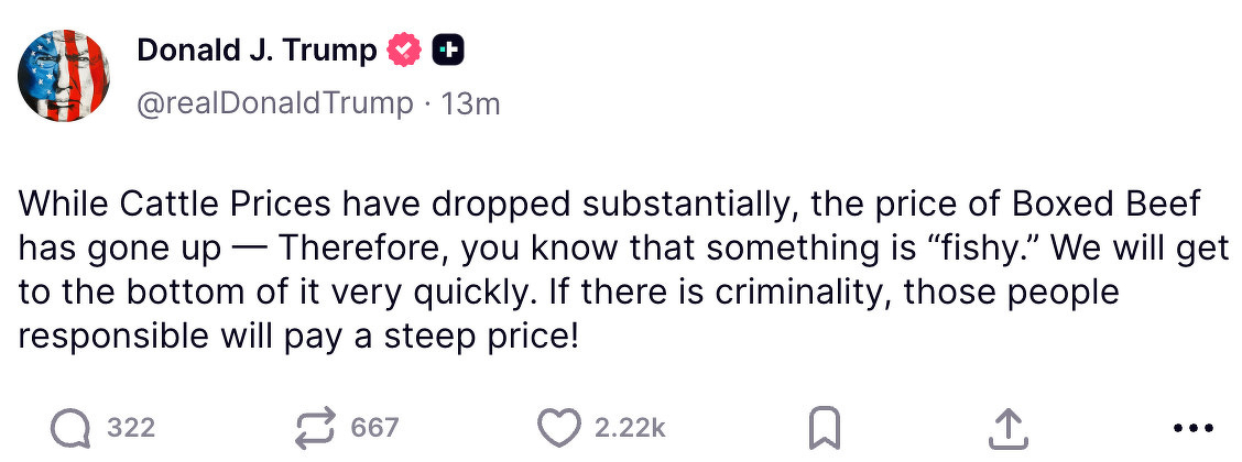 A “truth” by Donald Trump discusses the discrepancy between dropping cattle prices and rising boxed beef prices, implying potential criminality.