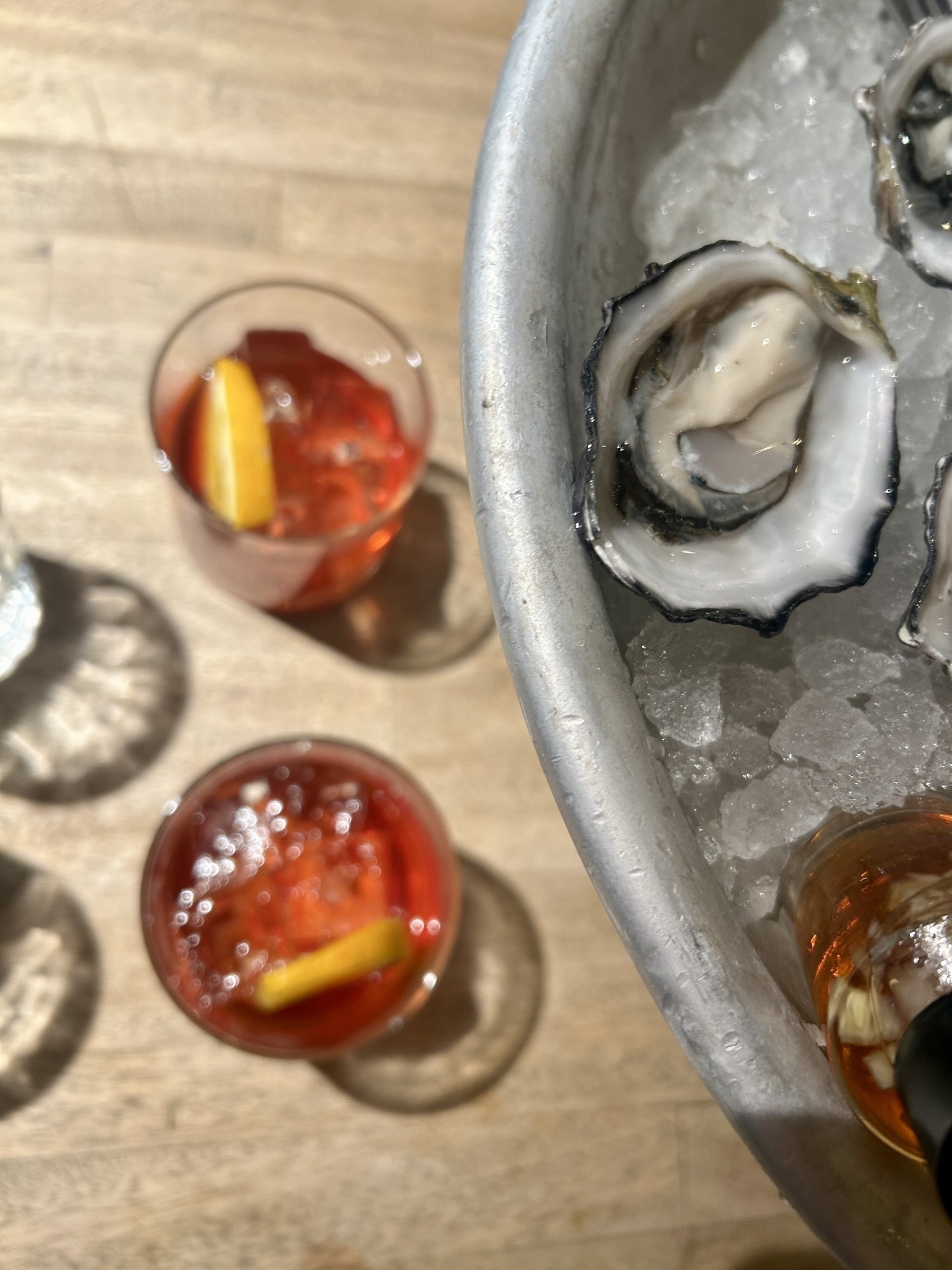 An overhead photo looking down on two negronis (red coloured cocktails) and some oysters on ice. 