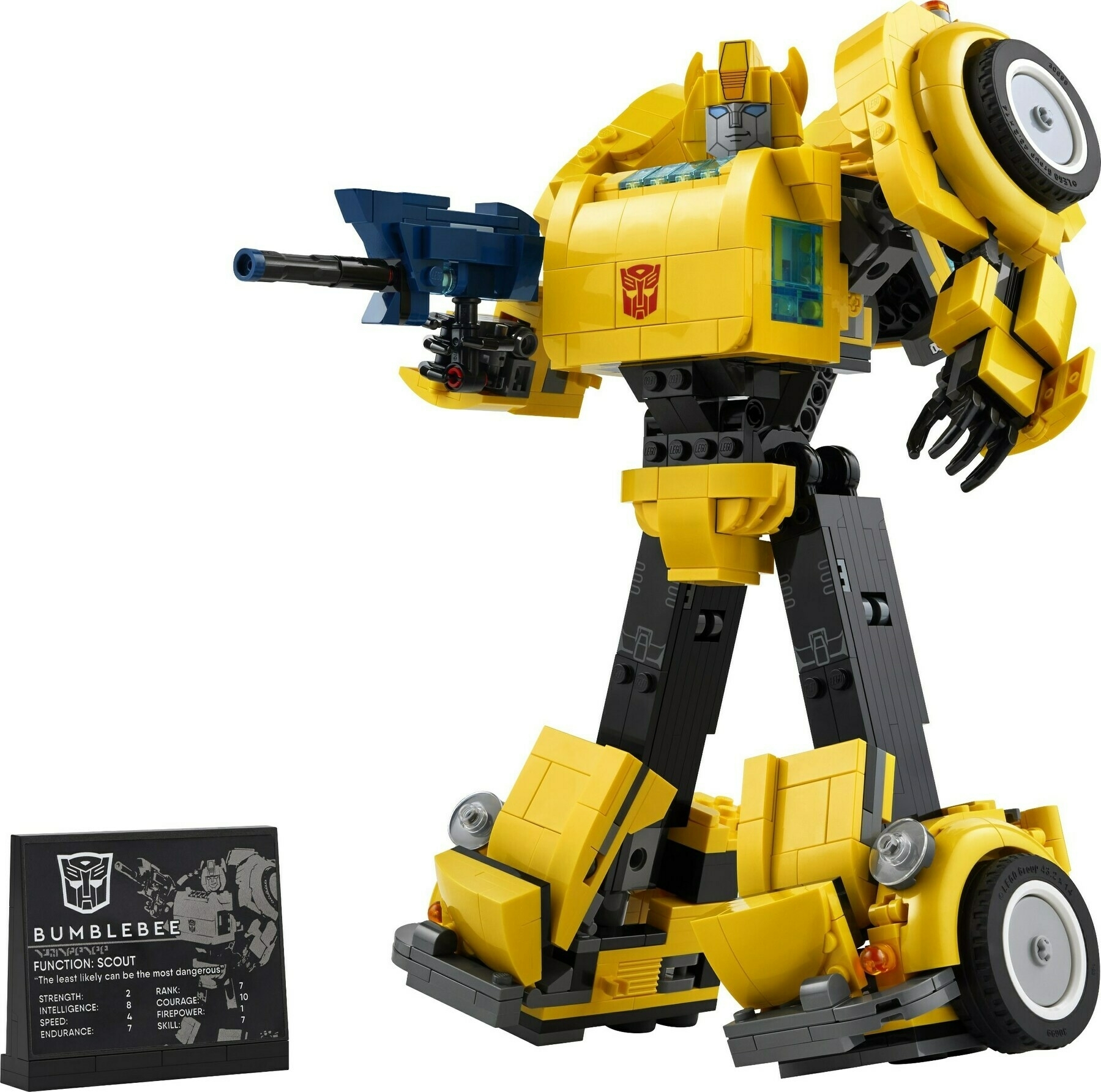 A fully built LEGO model of Bumblebee from Transformers.