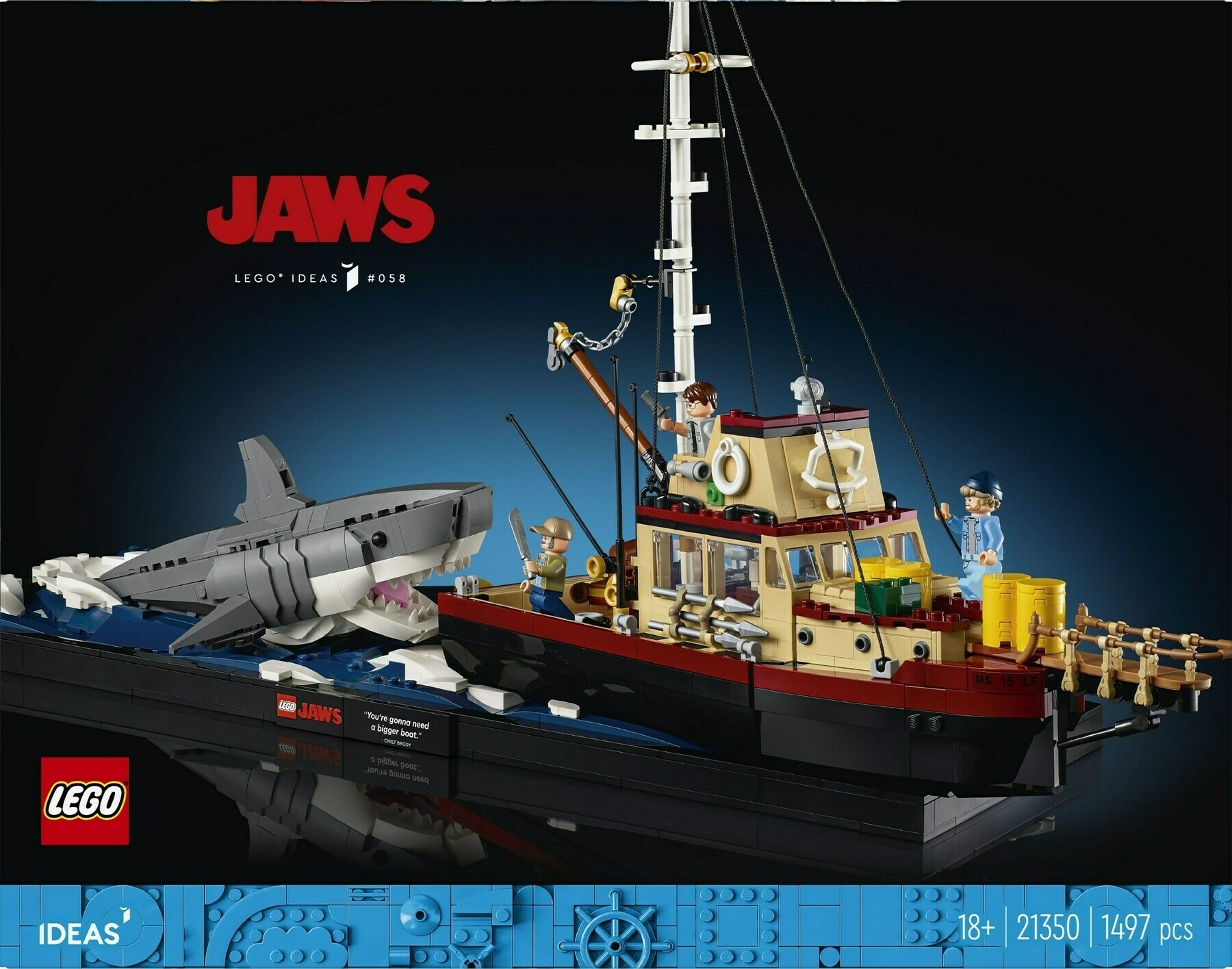 Box art for LEGO Set 21350, JAWS, based on the 1975 Steven Spielberg film.