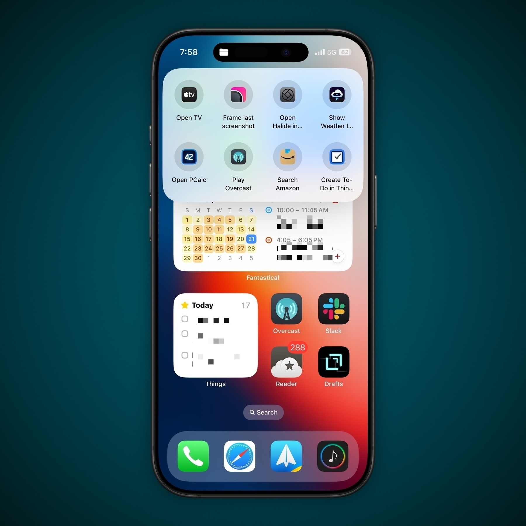 An iPhone screen displays various app icons, widgets, and a blurred calendar over a colorful gradient wallpaper.