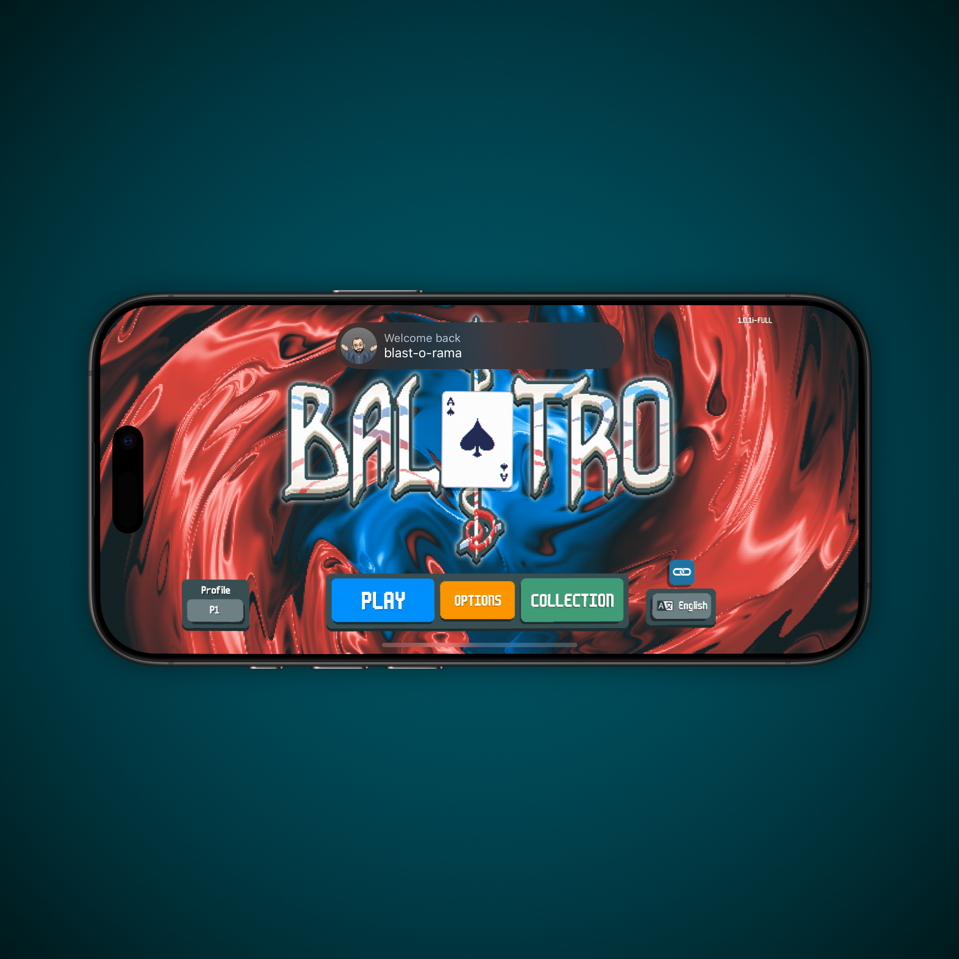 A mobile phone screen displays a game interface with the title "BALATRO" and options to play or access a collection.