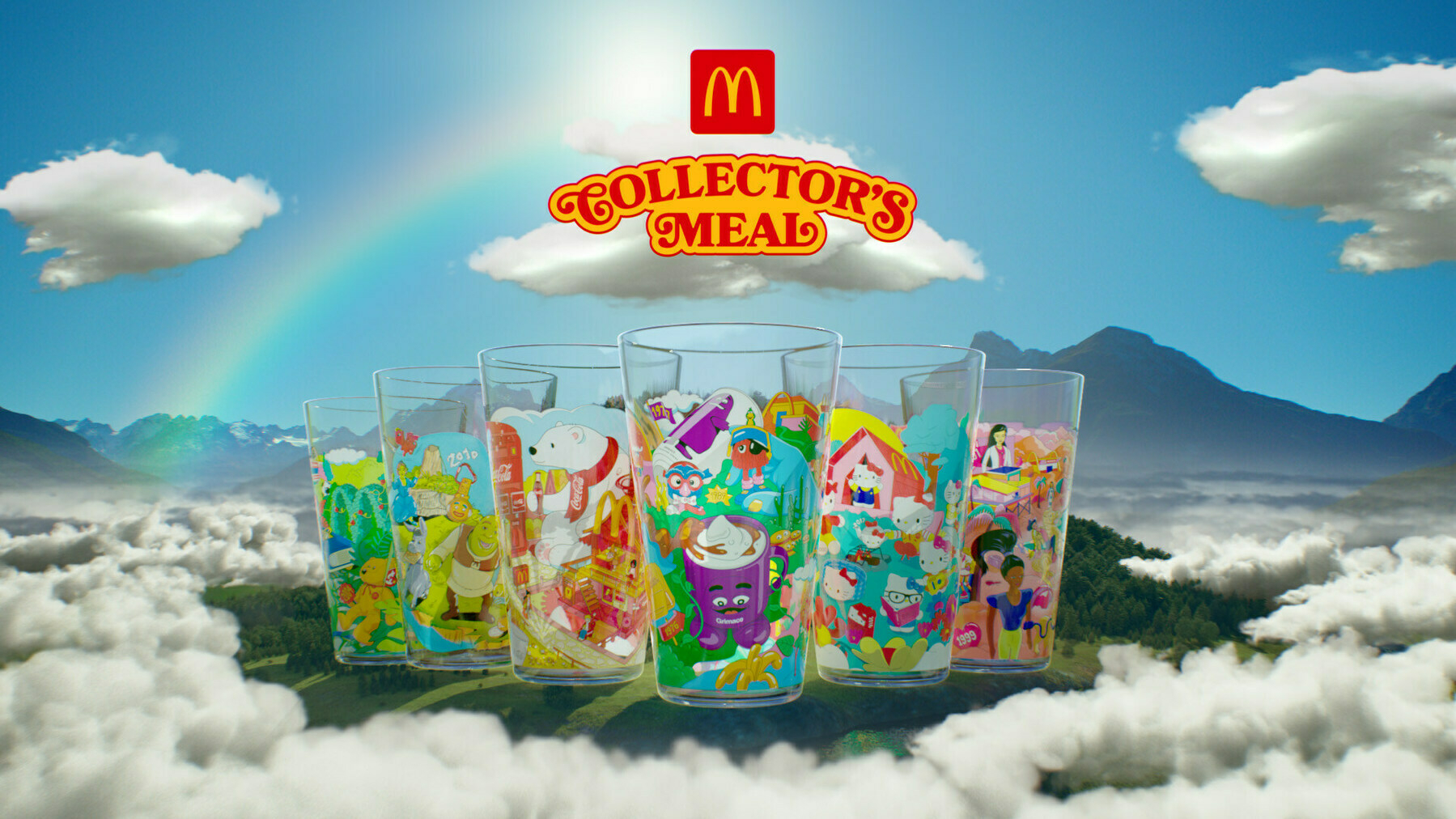 A photo of the McDonald's Collector's Meal glasses, featuring a series of artsy, nostalgic designs from past McDonald's promotions in the 90's and 00's.