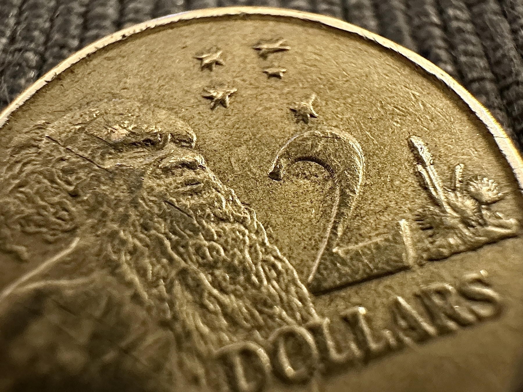 A close up of a small gold Australian $2 coin, an artist’s impression of Aboriginal man, Gwoya Tjungurrayi, stares proudly.