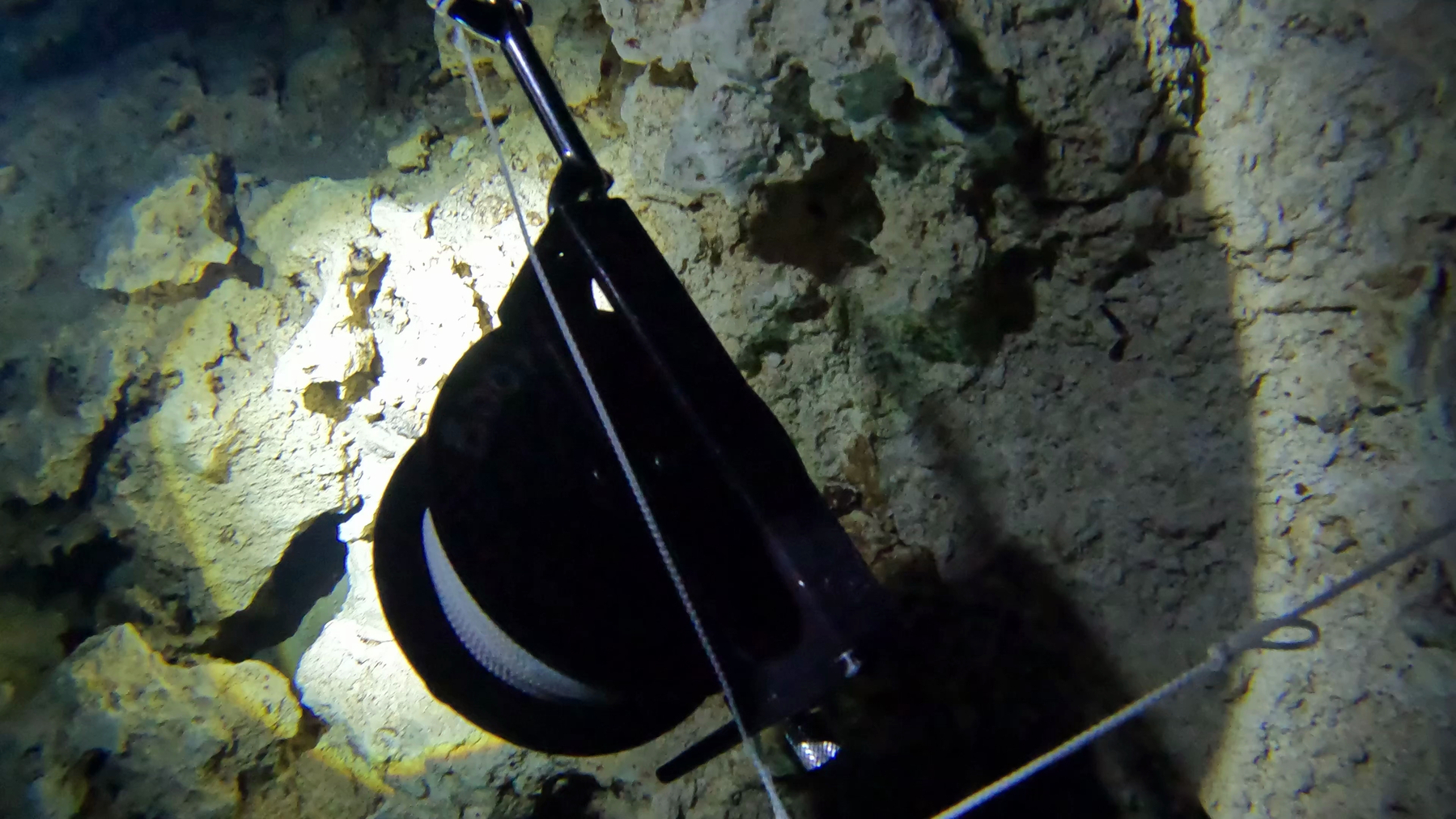 A Halycon Pathfinder guideline reel securely tied into the main line of an underwater cave system.