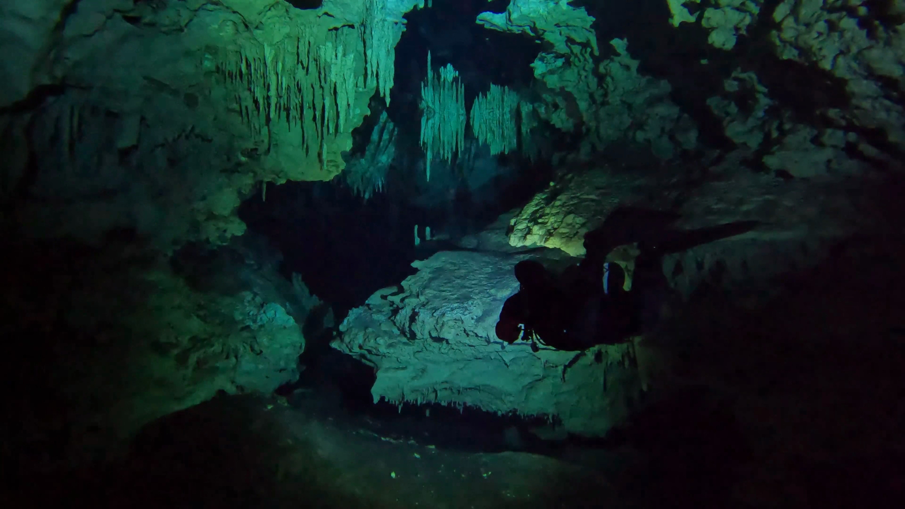 The silouhette of a diver against the brightly lit cave walls and myriad delicate speleothems outlining an underwater cave tunnel.