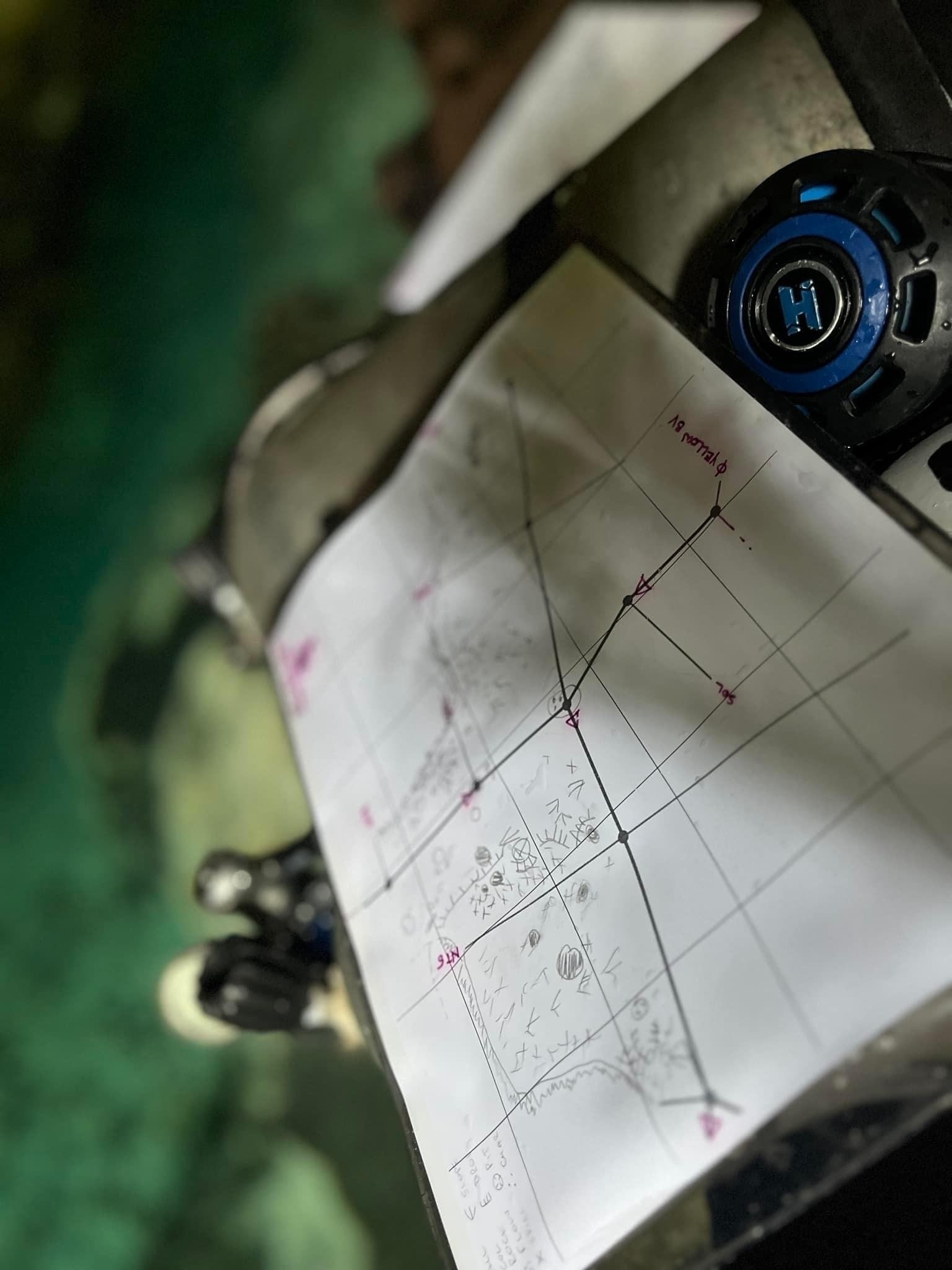 A close up of underwater survey notes and a halcyon second stage regulator, on top of a set of twin AL80 scuba tanks, overlooking the crystal clear green hued water of a cenote.