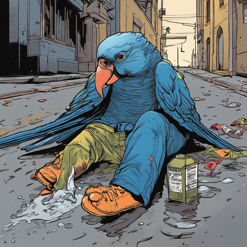 An AI generate illustration with comic panel vibe, of a giant blue parrot with human legs sitting in the middle of garbage strewn inner city street.