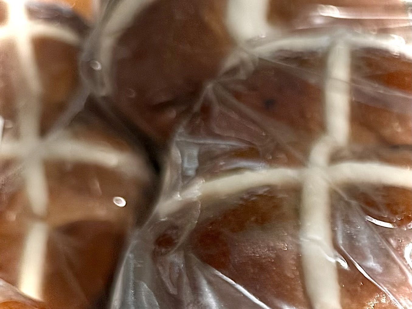 A closeup of hot cross buns. On New Years @#$%ing day.