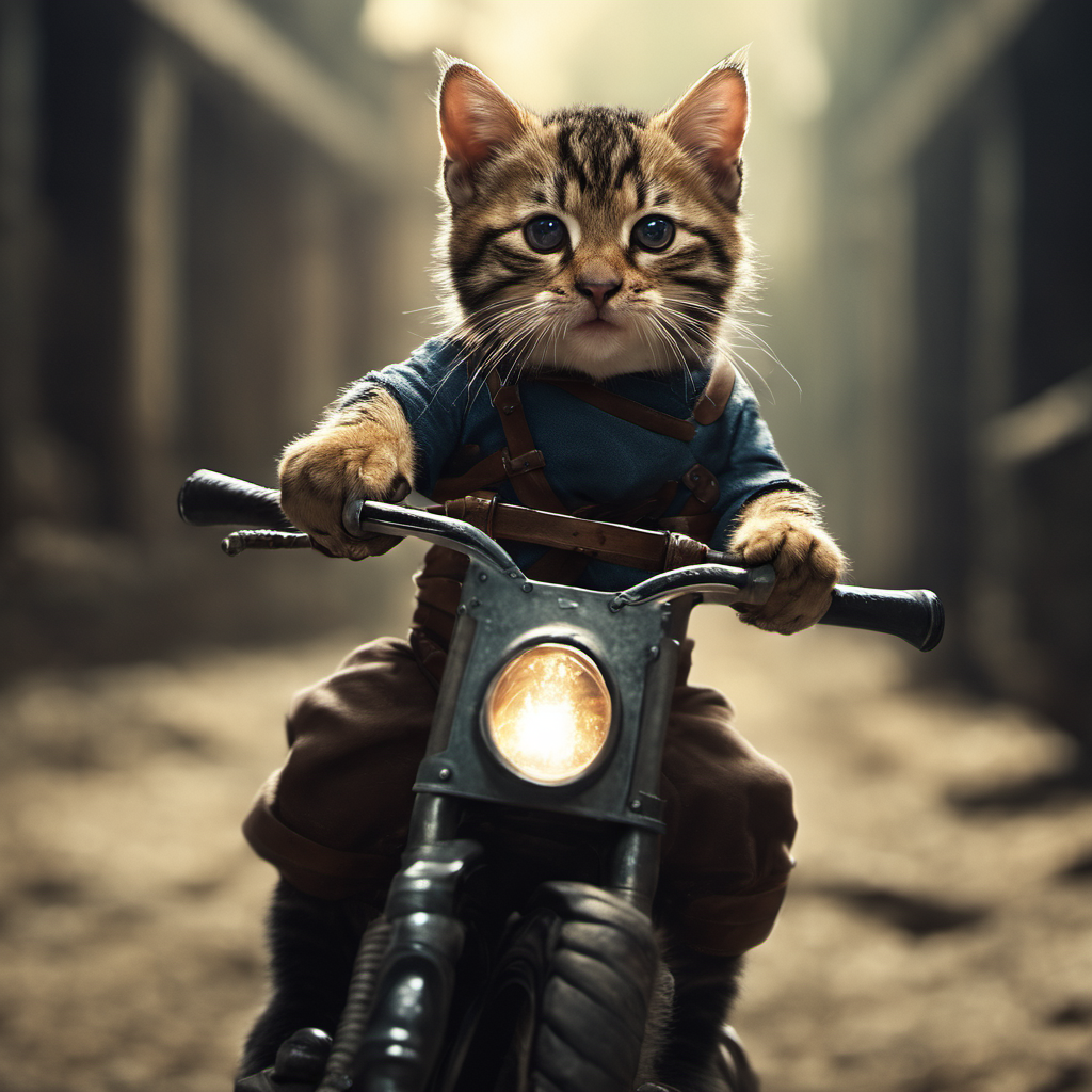 A tabby cat dressed in a blue t-shirt and brown overalls rides a motorbike through the desserted streets of a post apocalytic town. It might be roughly the 1930s or 40s.