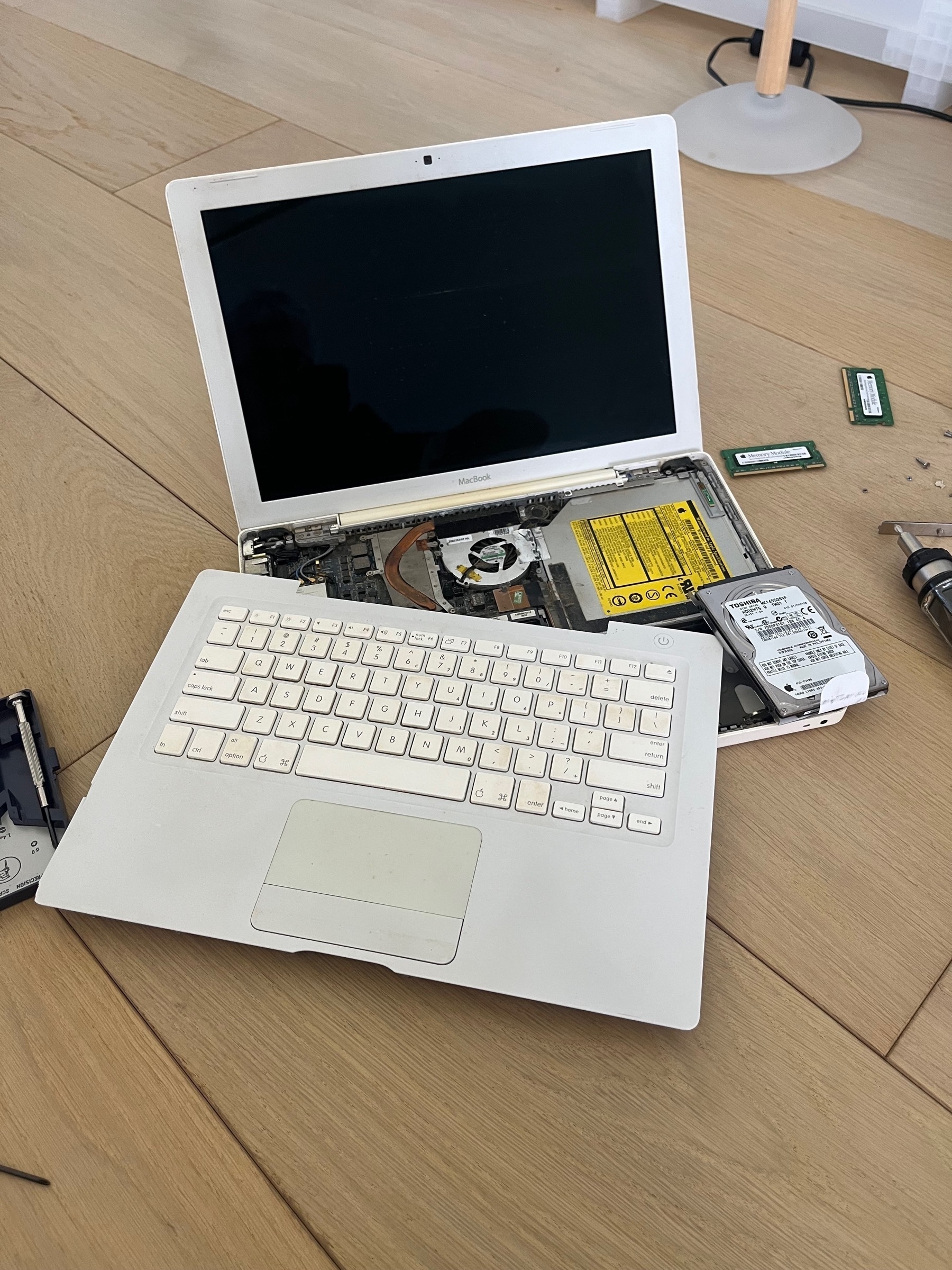 Dismantling an old white Apple laptop on the floor. The keyboard is off, the hard drive out, the keyboard lies at an angle. Screws, screwdrivers and other bits and pieces lie around