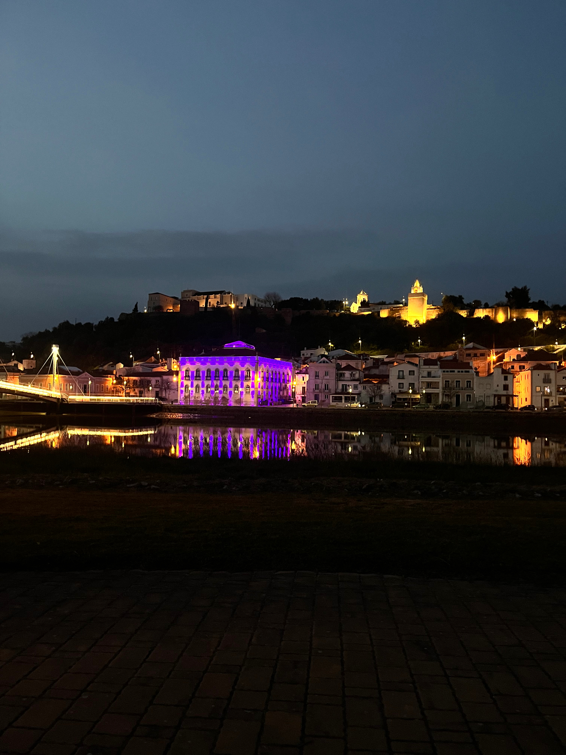 Council building and Castle lit up at night in Alcácer do Sal