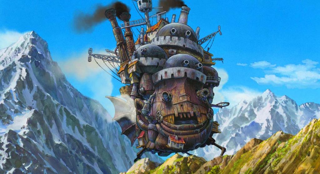 Studio Ghibli’s Howls Moving Castle with the castle walking across the mountains