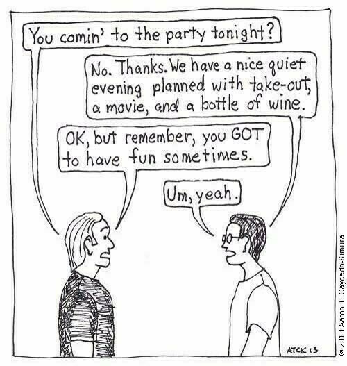 A cartoon with one person inviting another out for the evening. On turning down the invitation saying that they wanted a quiet night in to watch a movie, the person who did the inviting advised the other that he must make sure that he has fun.