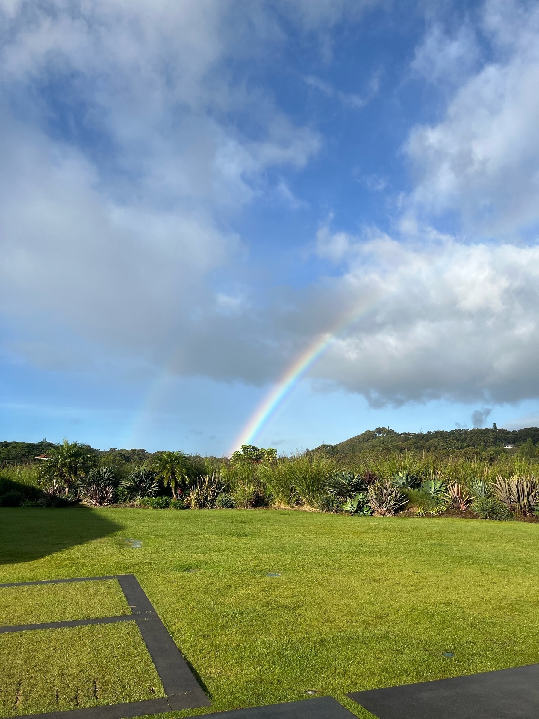 A vibrant rainbow, and a fainter second rainbow above it, arch over a lush green landscape beneath a partly cloudy blue sky.