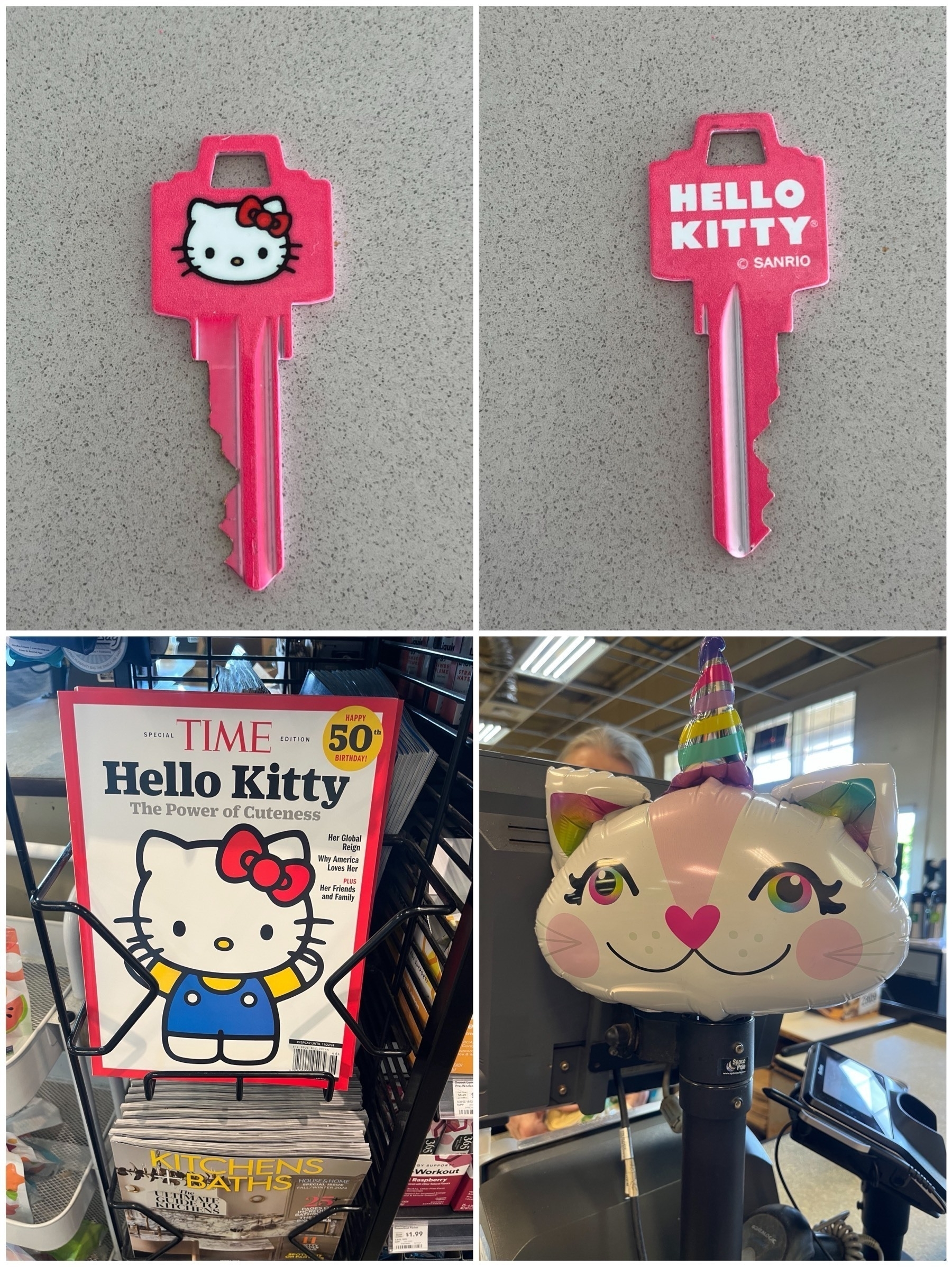 A collage of photos. Two of a pink Hello Kitty key, one of a Time Magazine with Hello Kitty on the front, and the fourth of a balloon of a smiling cat face with a unicorn horn coming out of its head.