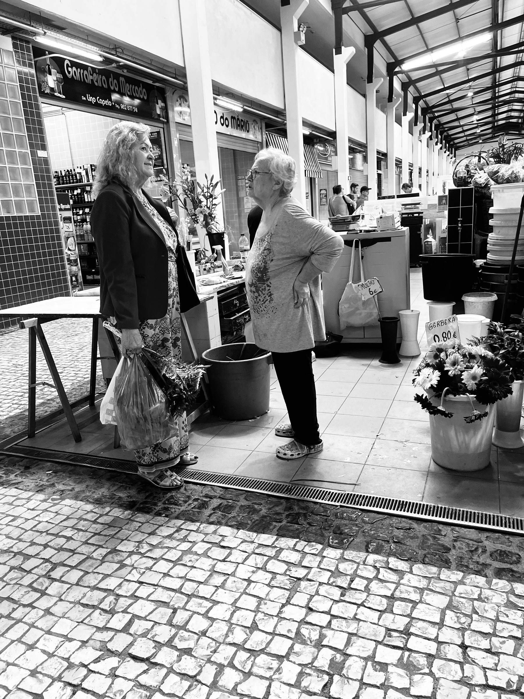 Two women, one middle aged, one older, facing each other and talking. They are in a big covered market.