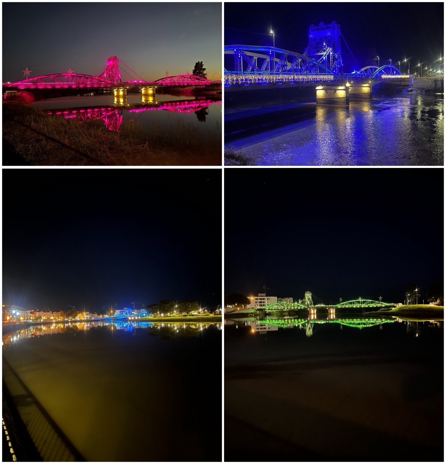 Collage of four photographs showing the bridge in Alcácer do Sal lit up at night in four colours, blue, red, green and purple.