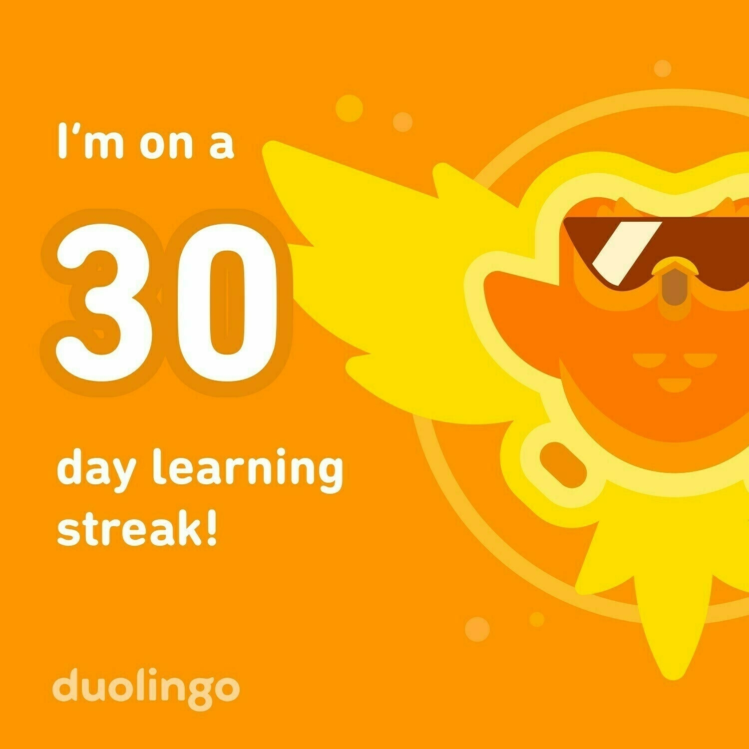 A drawing in gold and yellow depicting a thirty day learning streak on Duolingo.