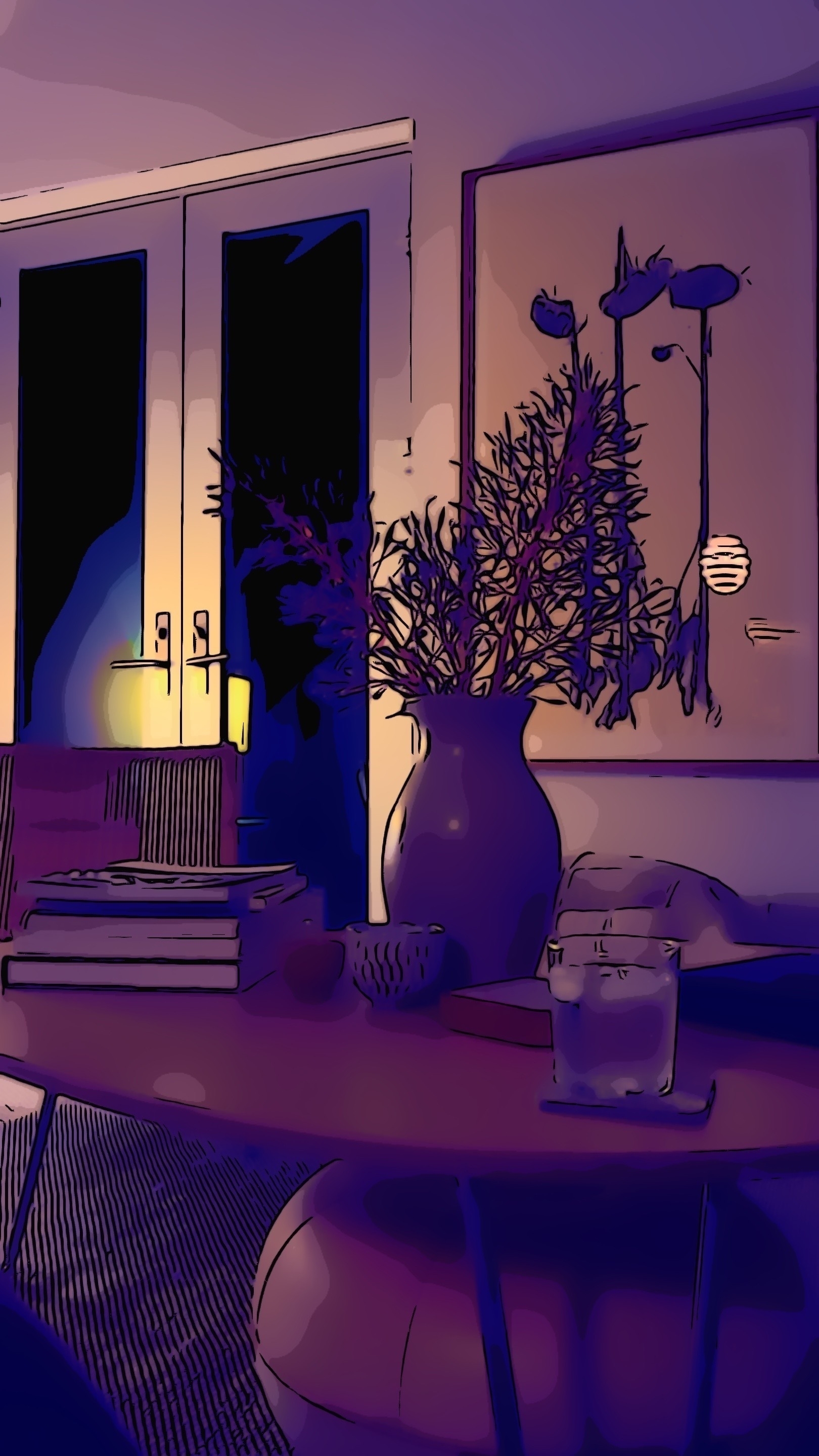 A cozy interior features a vase of flowers on a table, books, and a candle, all softly lit in a purple hue.