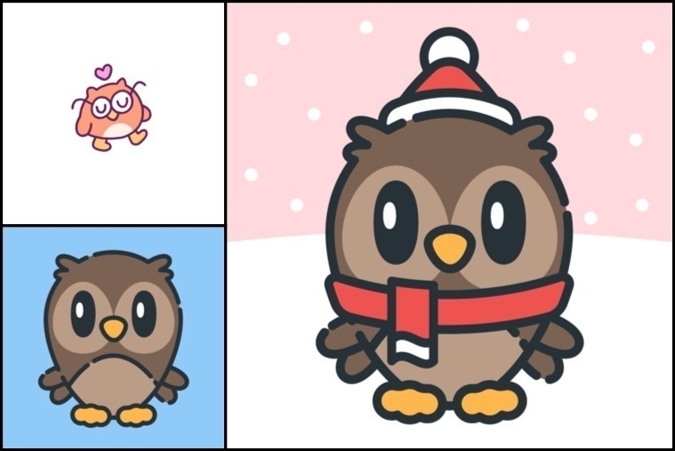 Three cartoon owls are shown, each with a different expression and background, including a pink owl with hearts, a owl different shades of brown, and a festive owl with a scarf and hat.