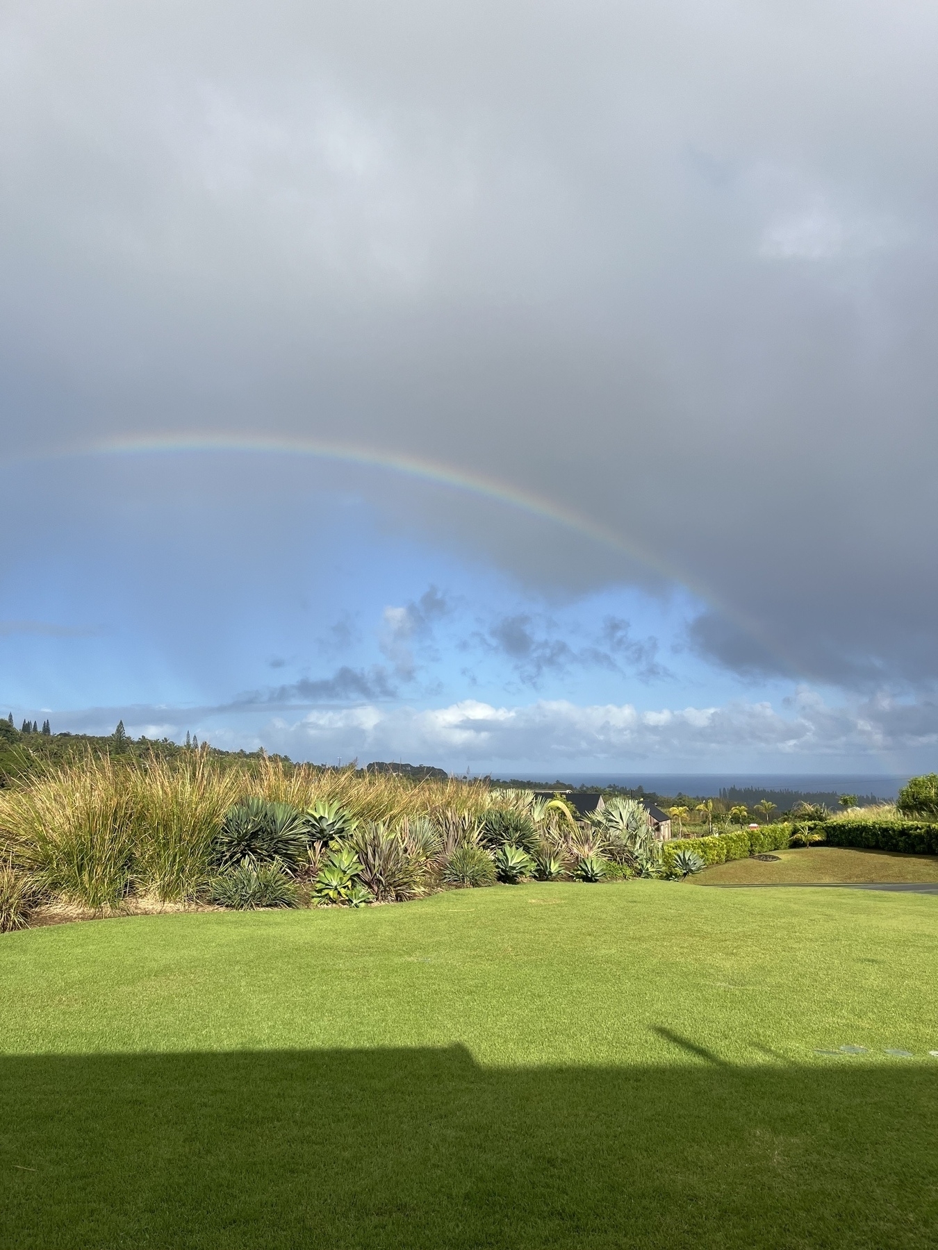 A vibrant rainbow arcs over a lush green landscape with cloudy skies and sun shining, with the ocean in the distance.