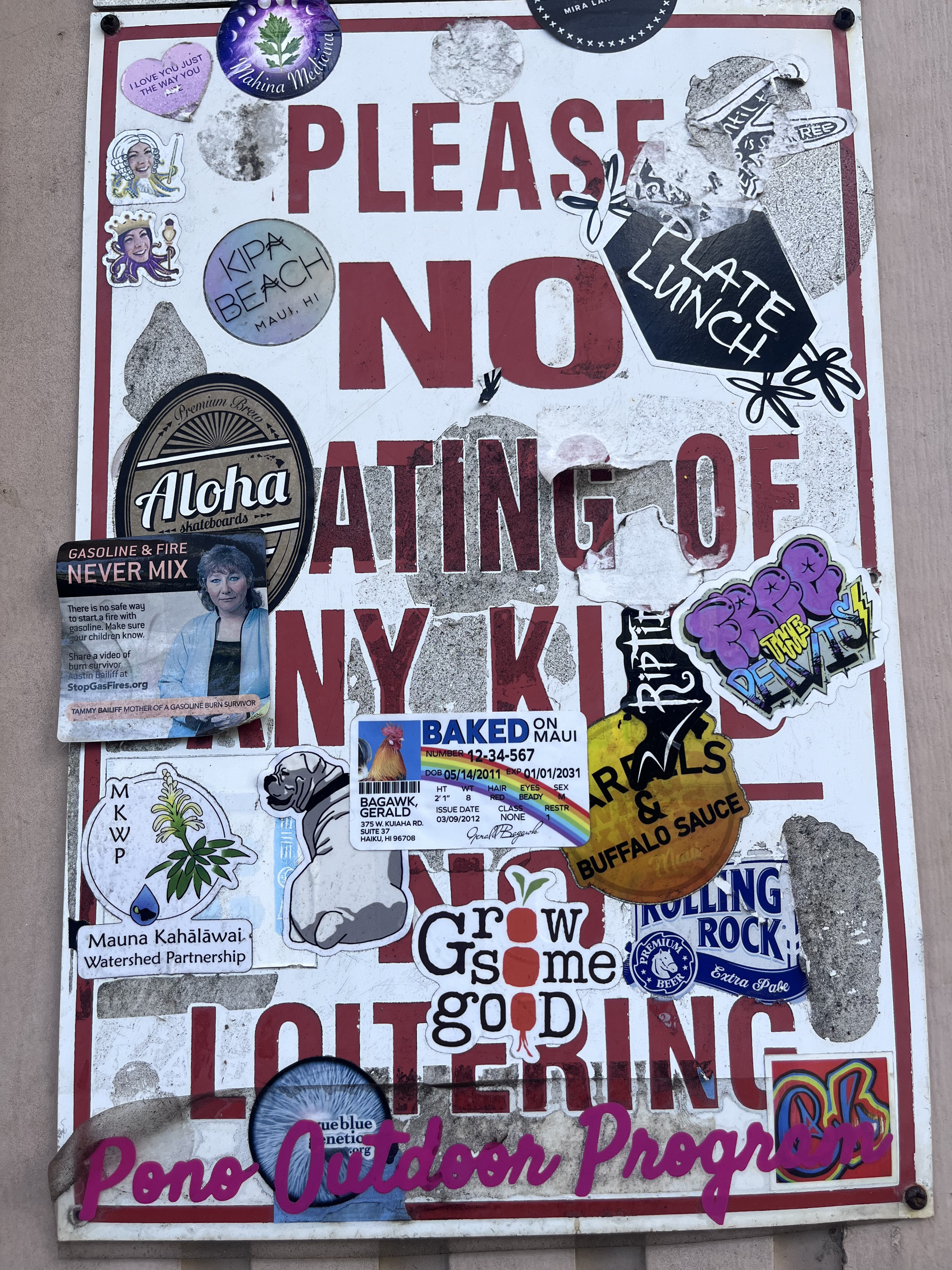 Auto generated description: A worn sign with the text “PLEASE NO SKATEBOARDING OF ANY KIND LOITERING” is covered in various stickers, including references to “Aloha,” eateries, conservation, and outdoor activities.