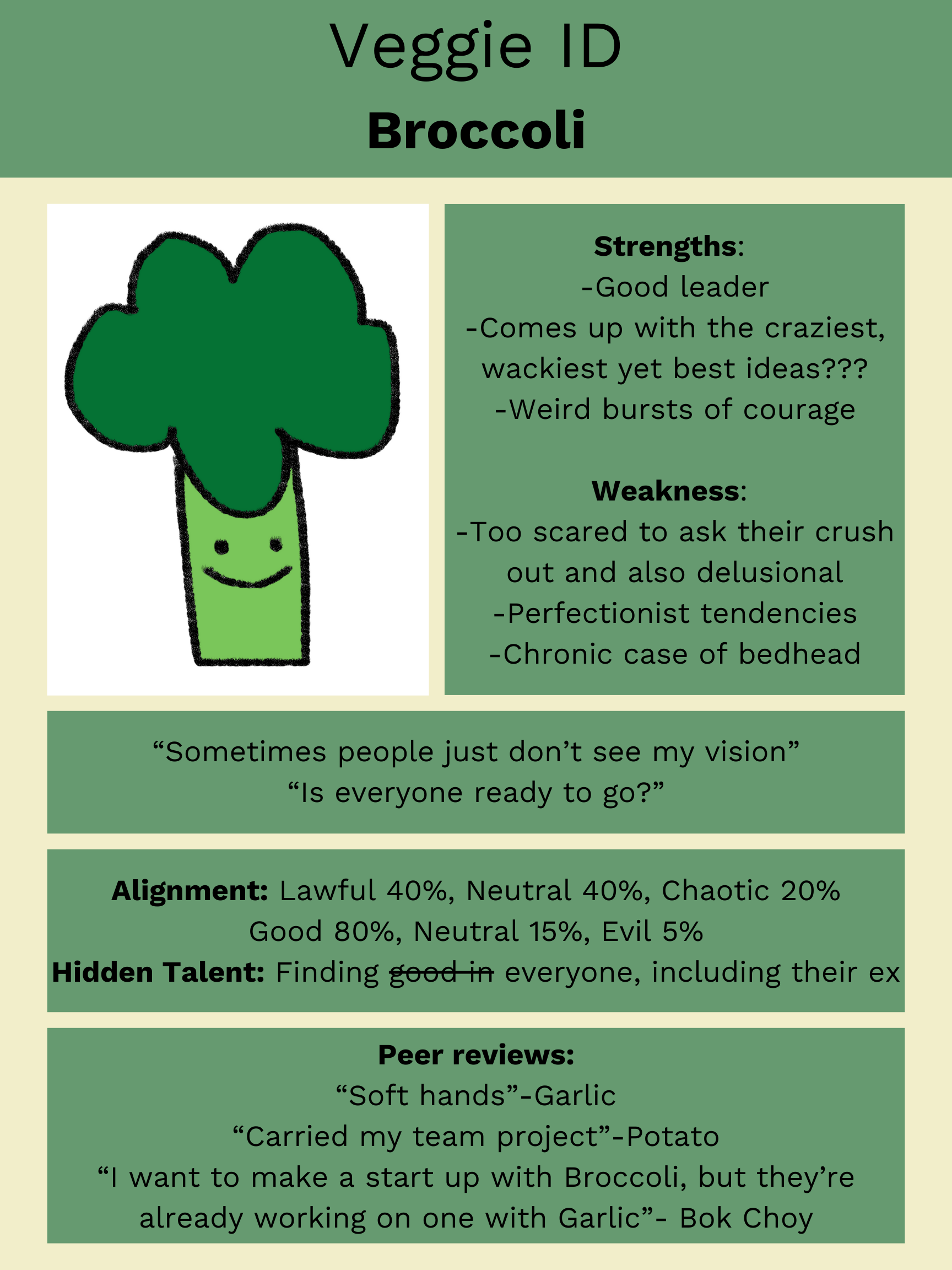 A green poster describing my Veggie ID as Broccoli