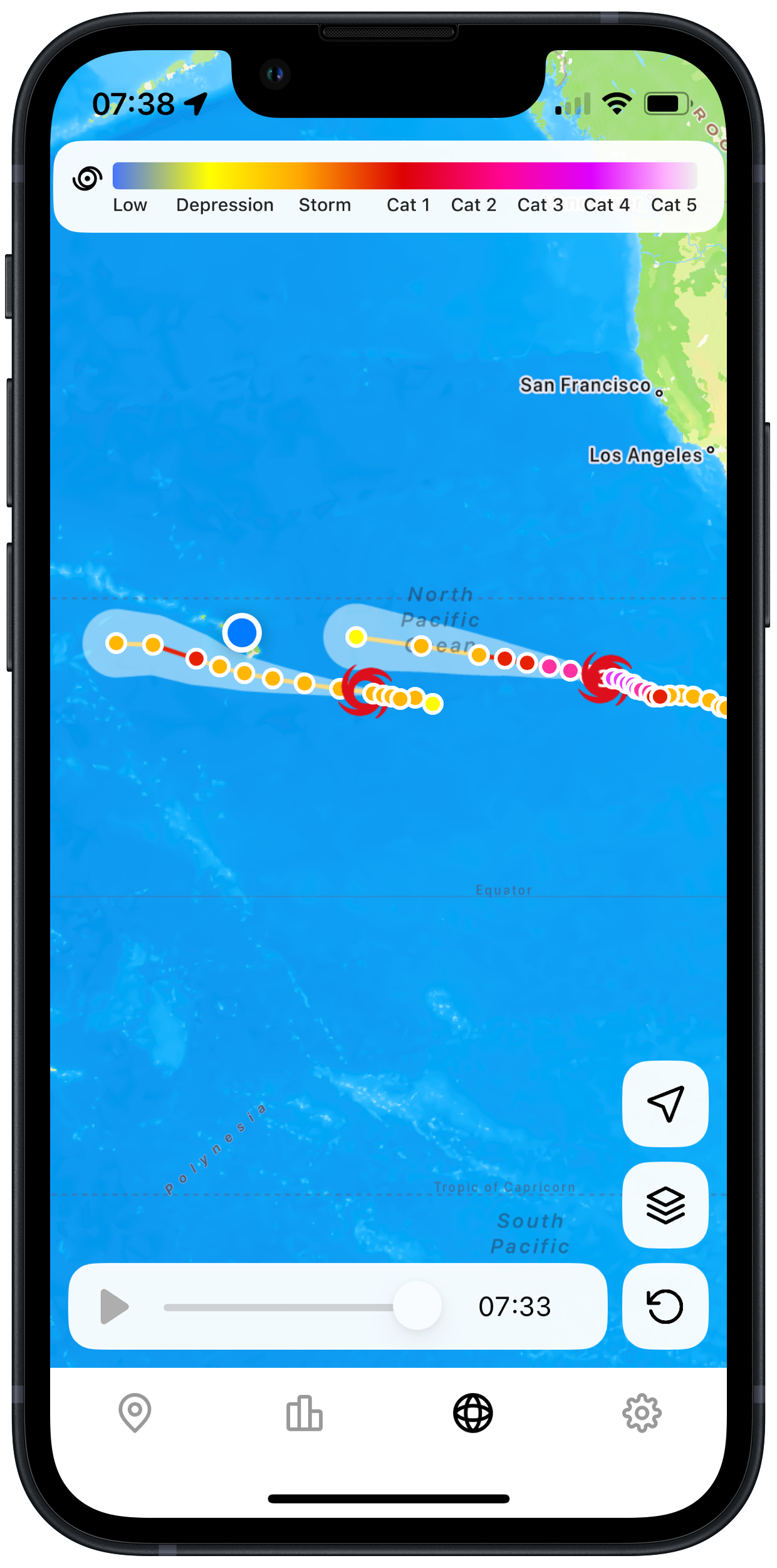 A screenshot from an iPhone showing a radar image of two Tropical Storms heading towards Hawaii, one closer than the other.