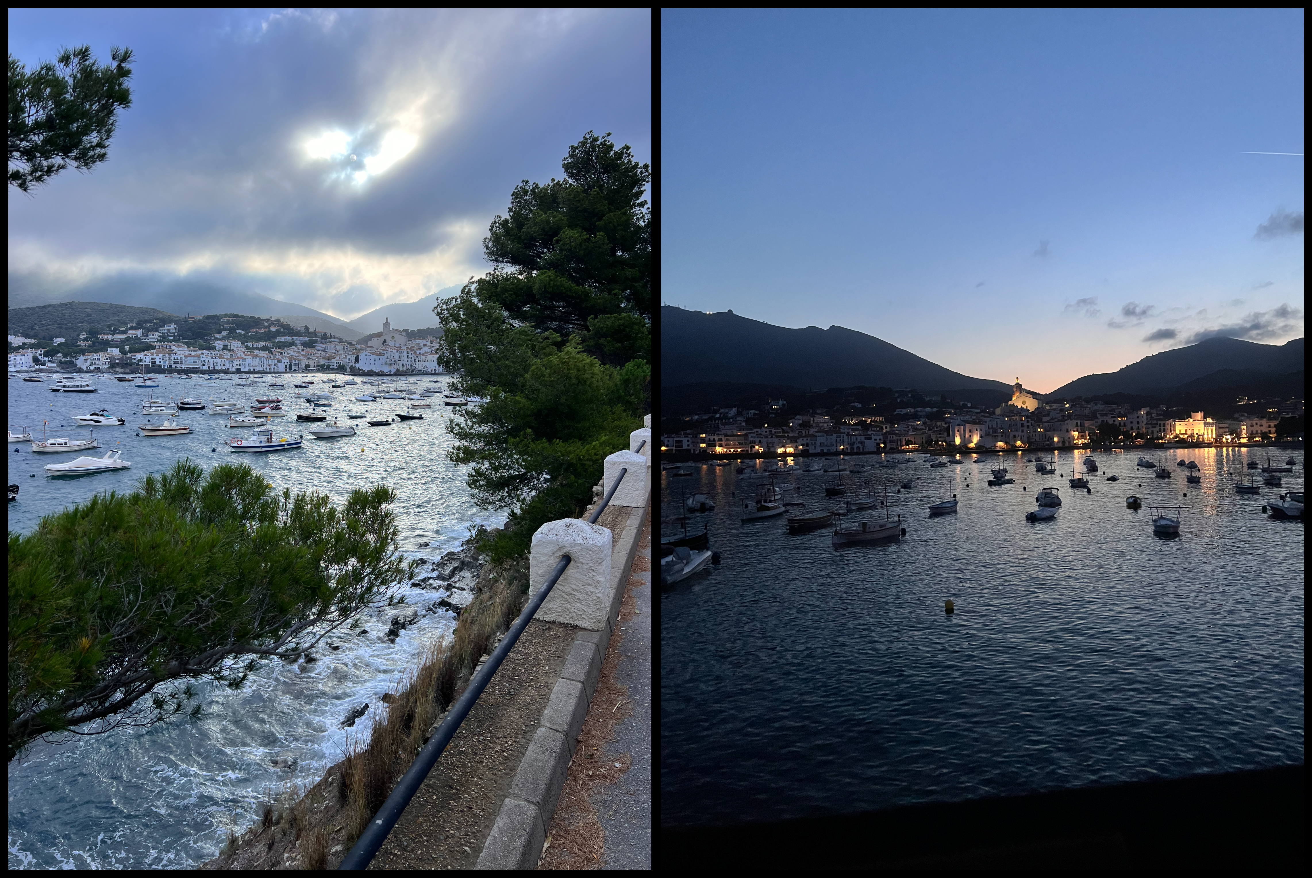 A collage of two views of Cadaqués, Spain. On the left by day, on the right by night. Both are looking across the bay towards Cadaqués with boats in the bay and the town, backed by a church spreading around the bay and up the hill. Green Mountains surround the town.