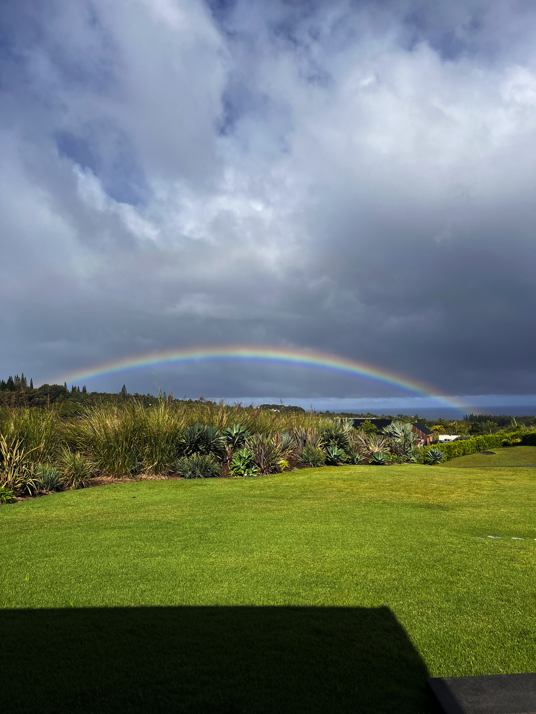 A full arc of a rainbow. In the foreground is a lawn, behind vegetation and in the background the ocean, all against a sky of mainly cloud and some blue.