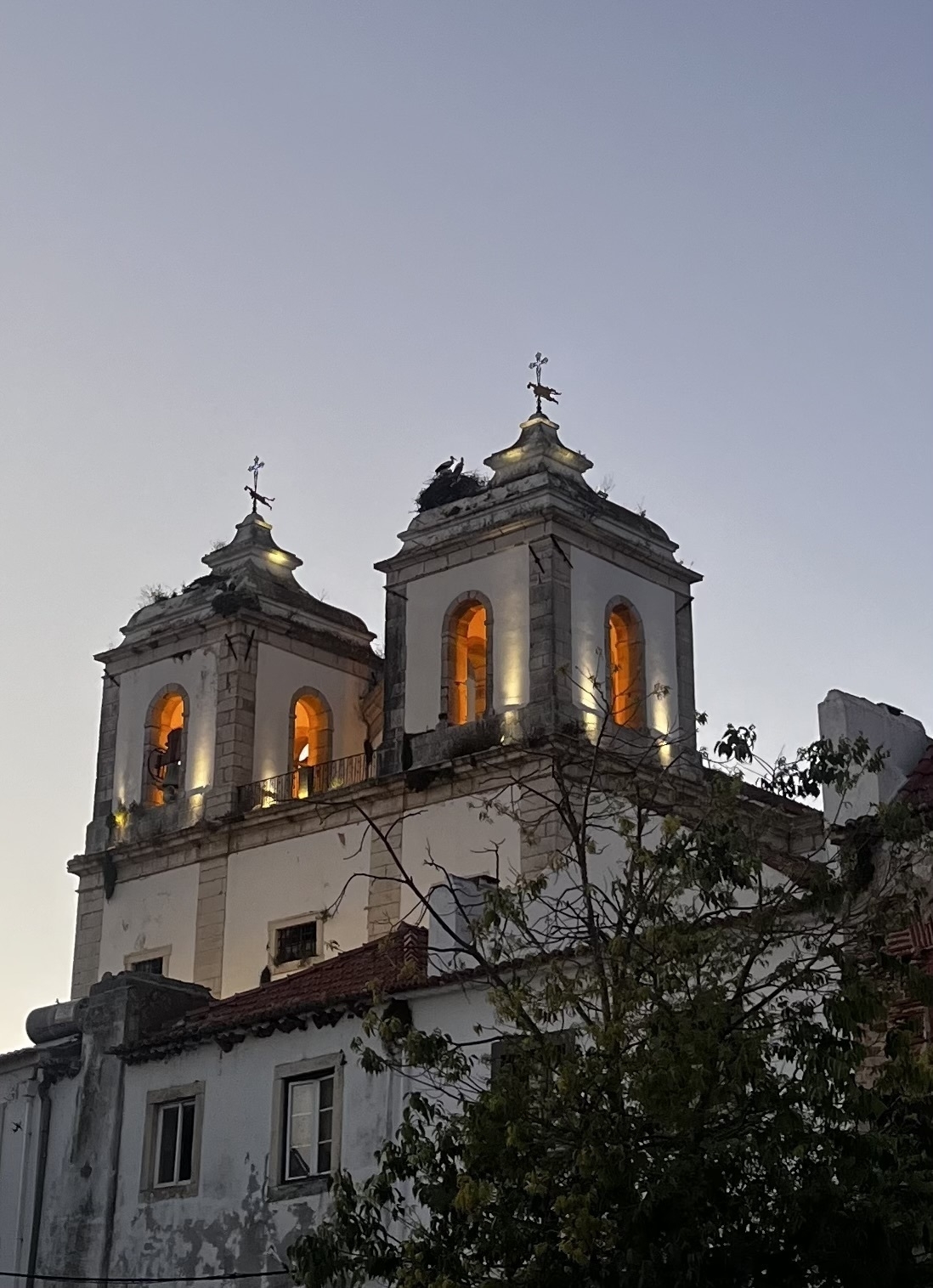 Two illuminated church bell towers at dusk with the silhouette of two storks on a nest on one of the towers.