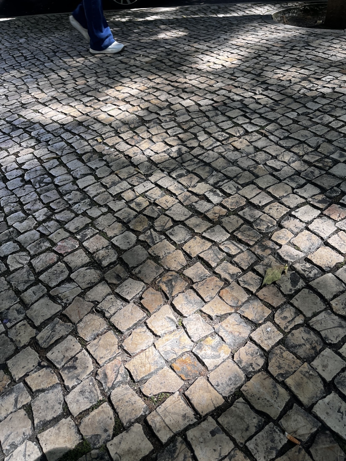 A cobbled sidewalk in shade with speckled sunlight and the feet of someone walking