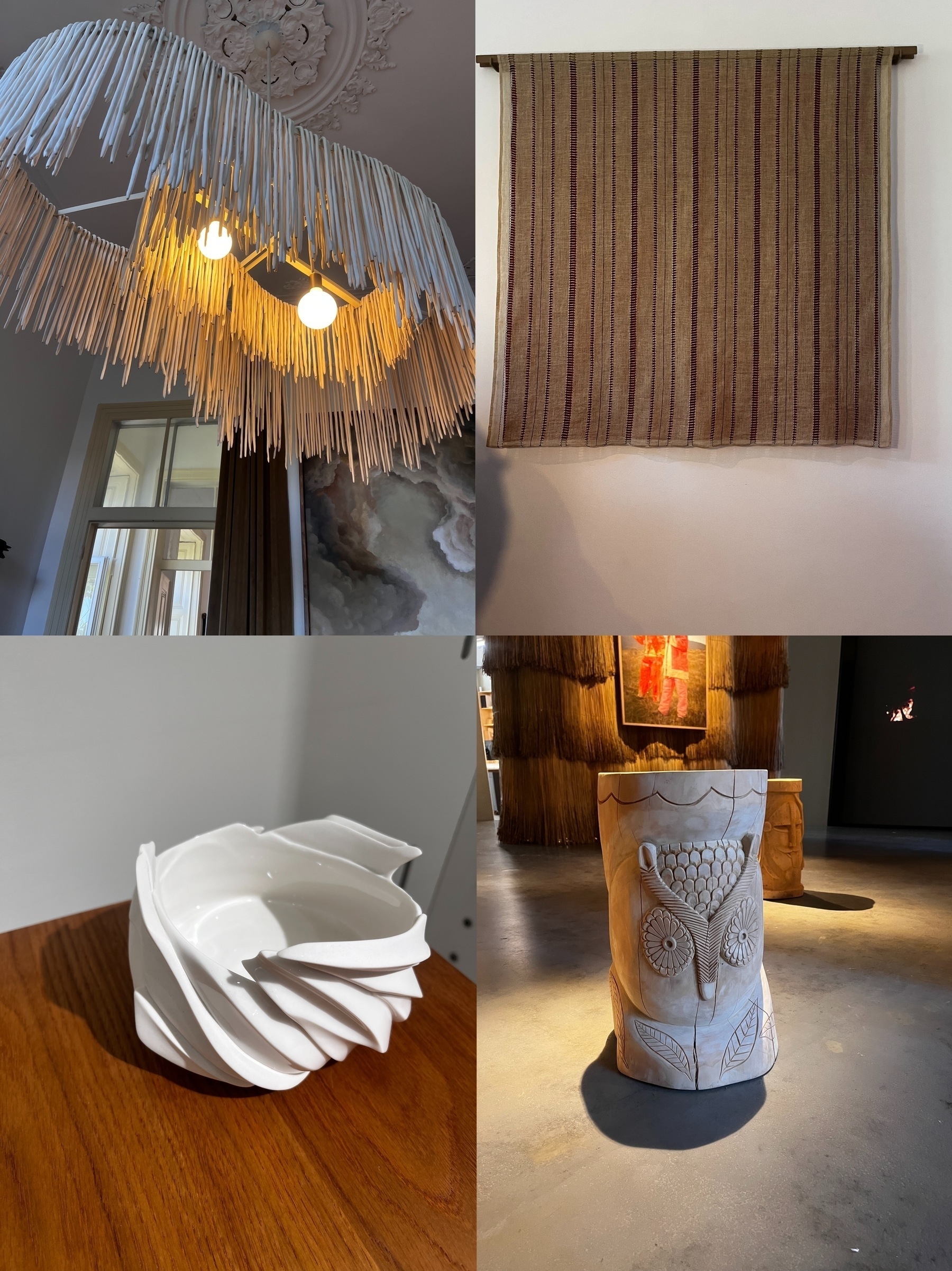 A collage of four designs from Lisbon Design Week. An ornate lampshade with white strands hanging from it, some cloth hanging down, a small white ceramic bowl, a wooden stool shaped like an owl