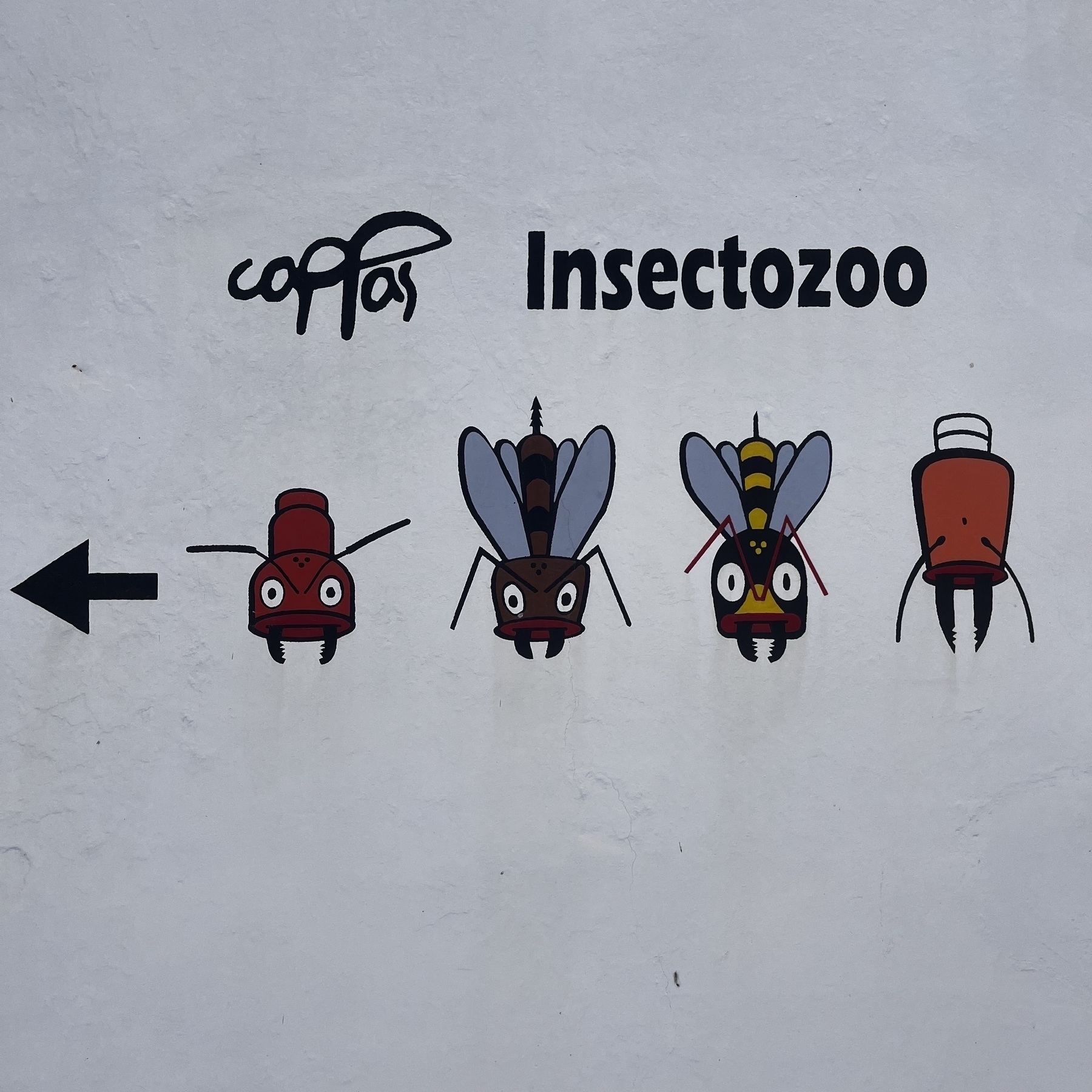 Cartoon drawings of insects on a wall, pointing to an insect zoo