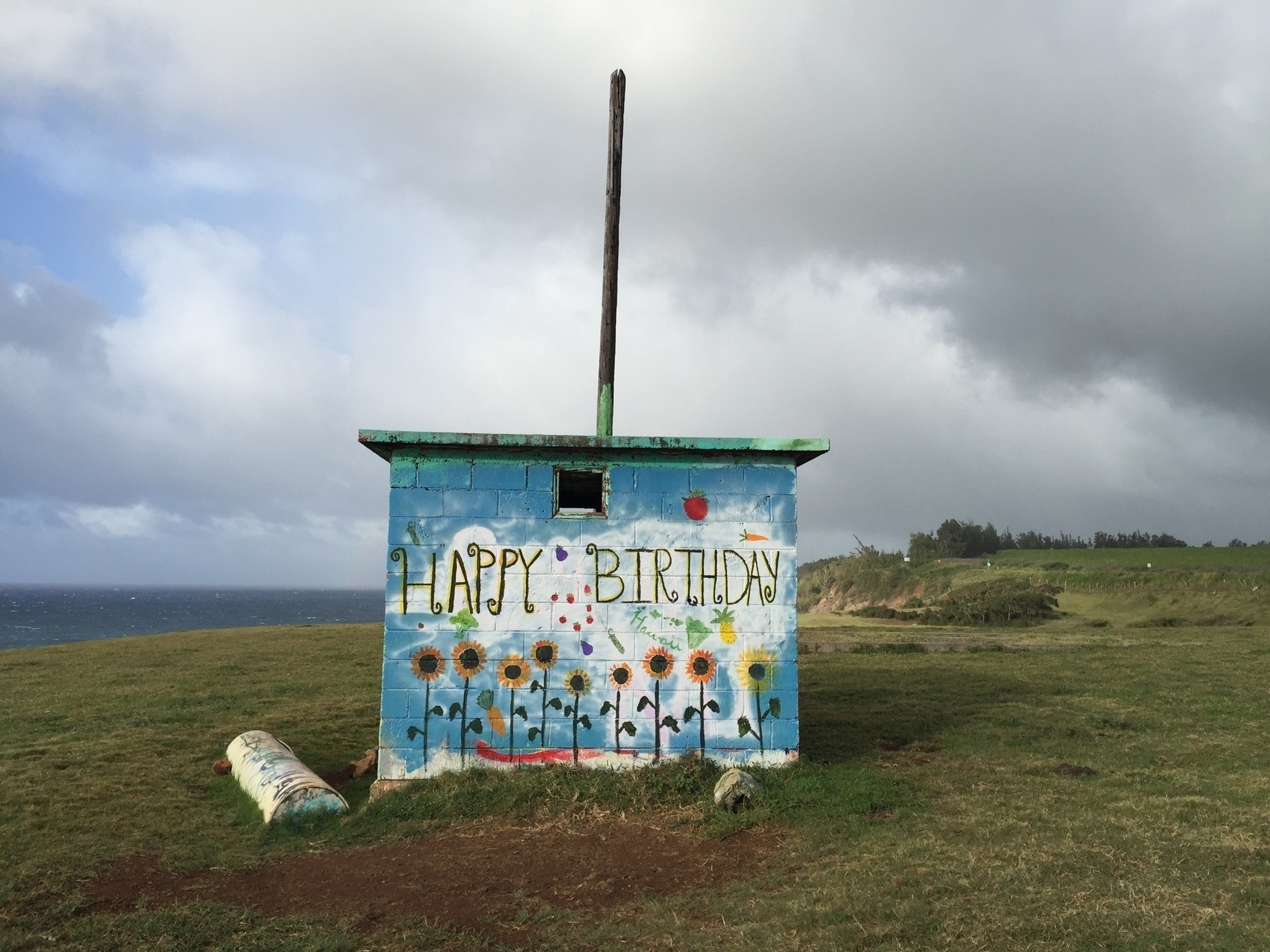 A small, colorful building with a “Happy Birthday” mural ornately drawn against a blue and white background with flowers painted underneath, surrounded by a grassy landscape, the ocean to the left and a cloudy sky.