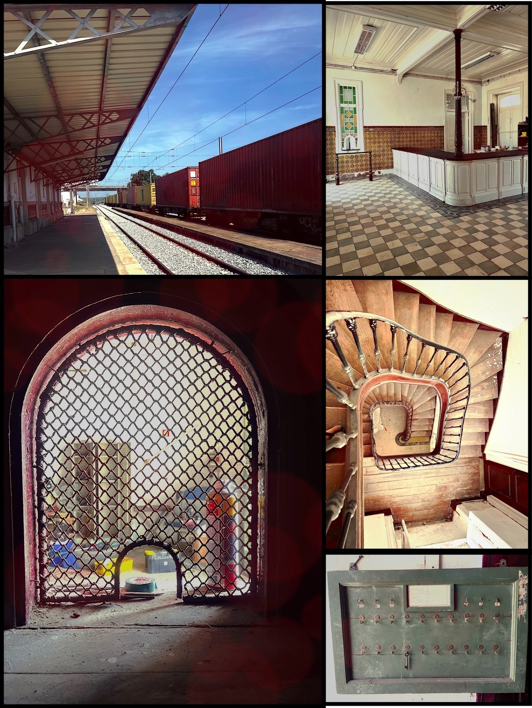 A collection of five images of the railway station at Alcácer do Sal. Photos of a goods train passing by, a curvy stair case, a key holder, a mesh ticket window and the entrance room with tiled floor and wooden counter.